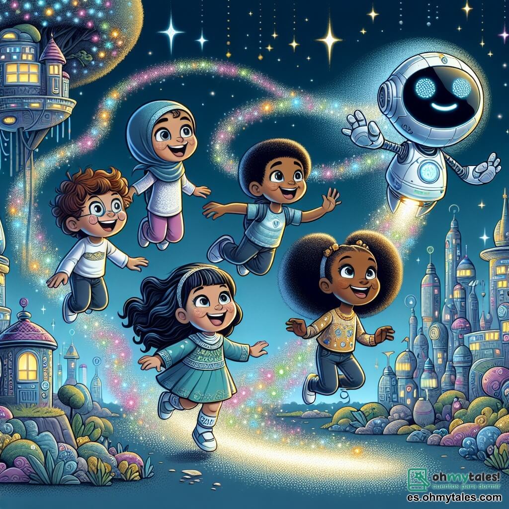 Une illustration sous forme de dessin destinée aux enfants représentant un parc futuriste de Luminópolis avec des maisons flottantes et des lumières colorées scintillantes, où un groupe de cinq enfants de 5 ans, deux garçons aux cheveux bouclés et une fille aux cheveux longs et brillants, s'amusent ensemble en volant dans les airs grâce à un mystérieux nuage de poussière magique, tandis qu'un robot amical, aux yeux lumineux et au sourire chaleureux, les observe avec curiosité, créant une atmosphère joyeuse et pleine d'émerveillement.