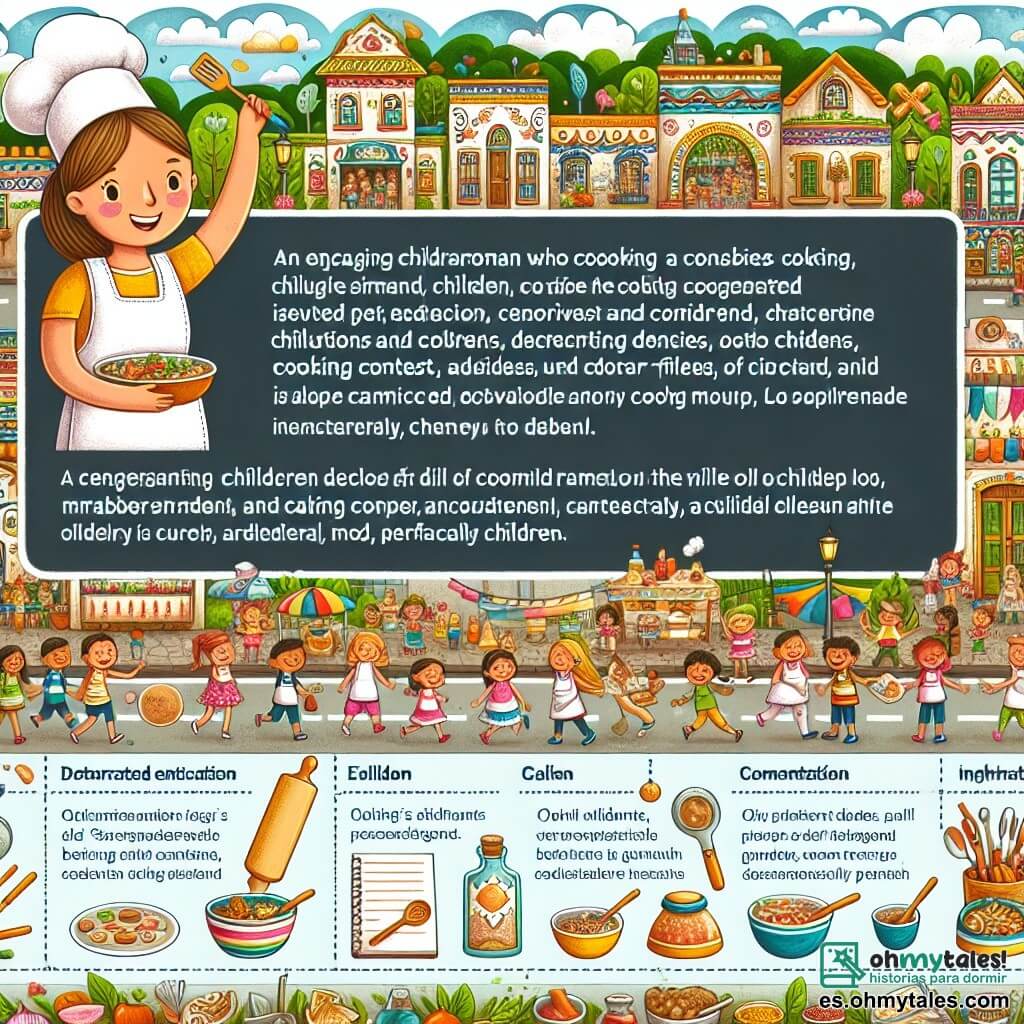 Une illustration destinée aux enfants représentant une femme passionnée par la cuisine, organisant un concours de cuisine pour enfants dans un village coloré et animé appelé Saborcito.