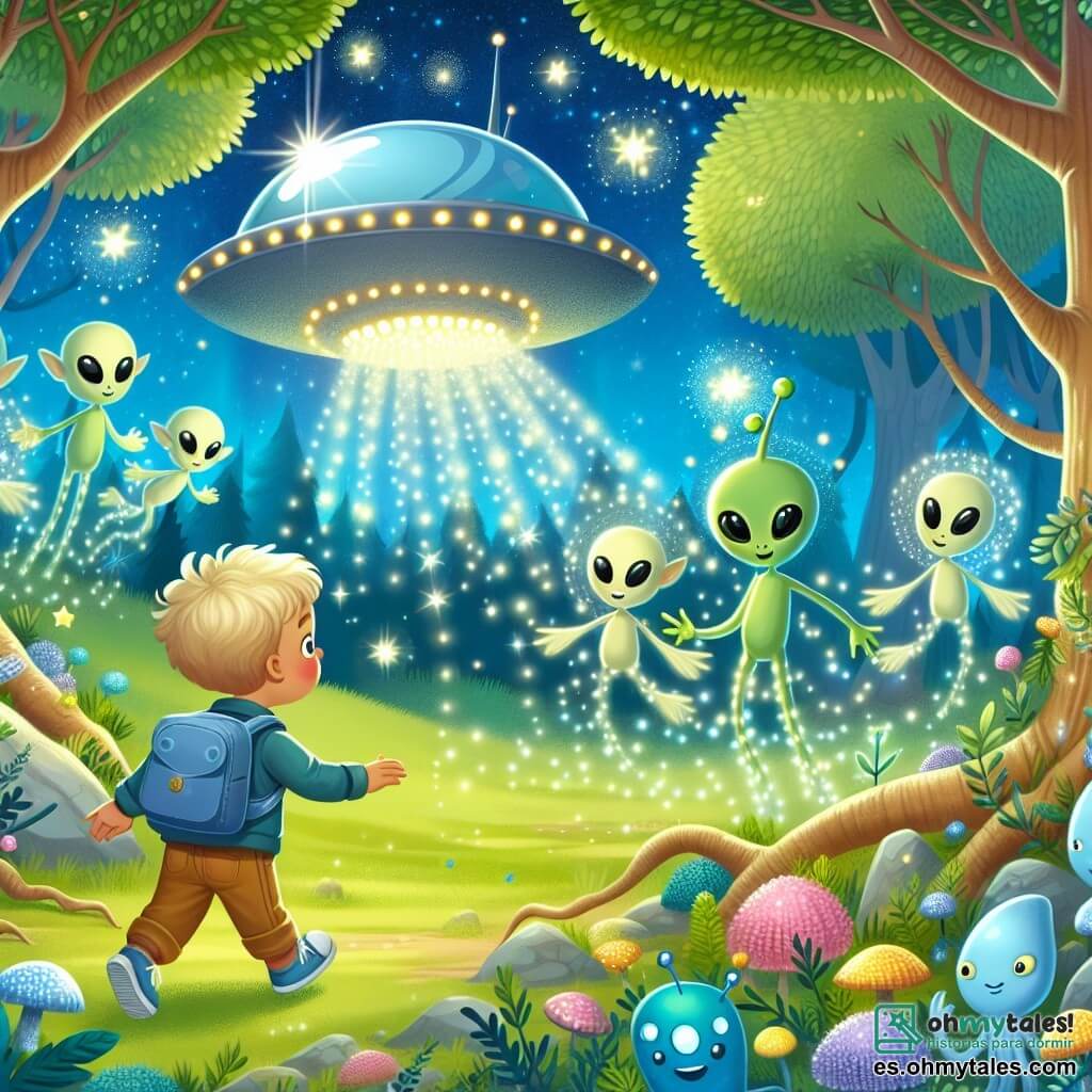 Une illustration destinée aux enfants représentant un garçon curieux découvrant une navette spatiale brillante dans un bosquet enchanté, accompagné de créatures extraterrestres lumineuses et aux formes étranges, sur le paisible et coloré planète Zorblat.
