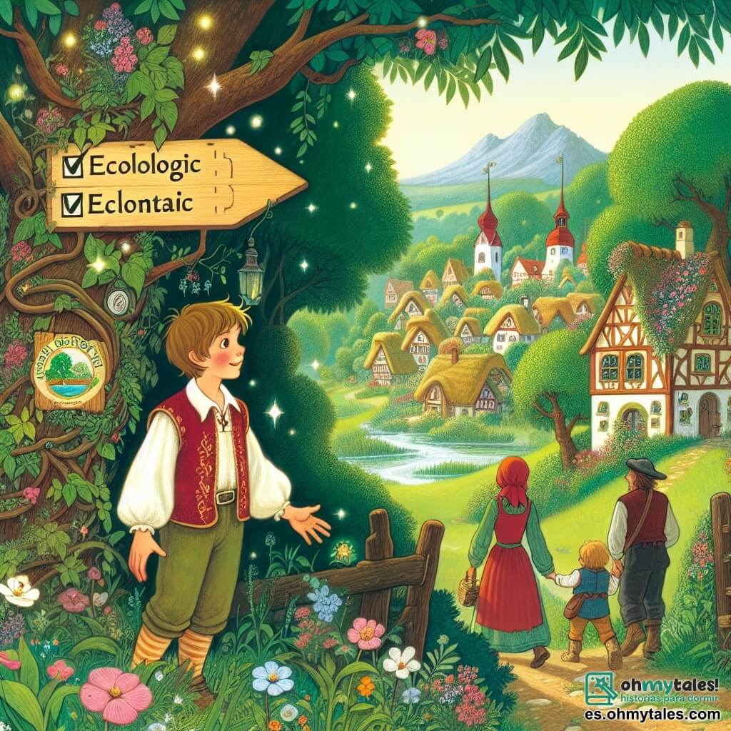 Une illustration destinée aux enfants représentant un garçon curieux découvrant un panneau écologique dans un bois enchanté, accompagné de sa famille, dans un village coloré rempli de maisons en fleurs et d'arbres majestueux.