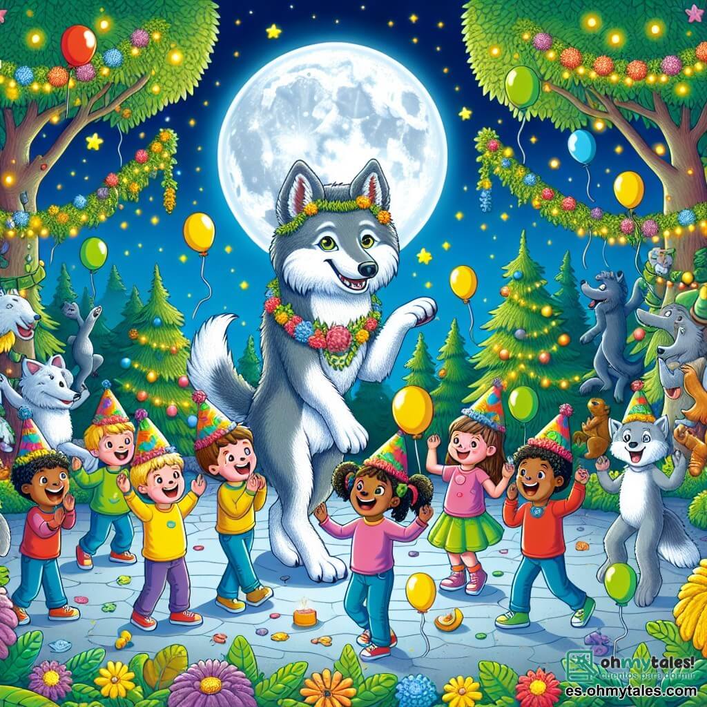 Ilustración que representa una escena festiva en un zoológico iluminado por la luna, con árboles de hojas verdes vibrantes y flores coloridas decorando el entorno. En el centro, un lobo de pelaje gris plateado, con ojos chispeantes de malicia, se erige sobre sus patas traseras, sonriendo y levantando una pata como si saludara a los visitantes. A su lado, un grupo de niños de aproximadamente 6 a 8 años, con rostros radiantes de alegría, visten camisetas coloridas y sombreros divertidos, aplaudiendo y riendo, cautivados por la magia del momento. La escena principal muestra al lobo contando un chiste, rodeado de animales del zoológico que bailan y se divierten, creando una atmósfera de fiesta alegre y amigable. Globos flotan en el aire y guirnaldas de hojas y flores añaden un toque festivo a esta escena encantada.