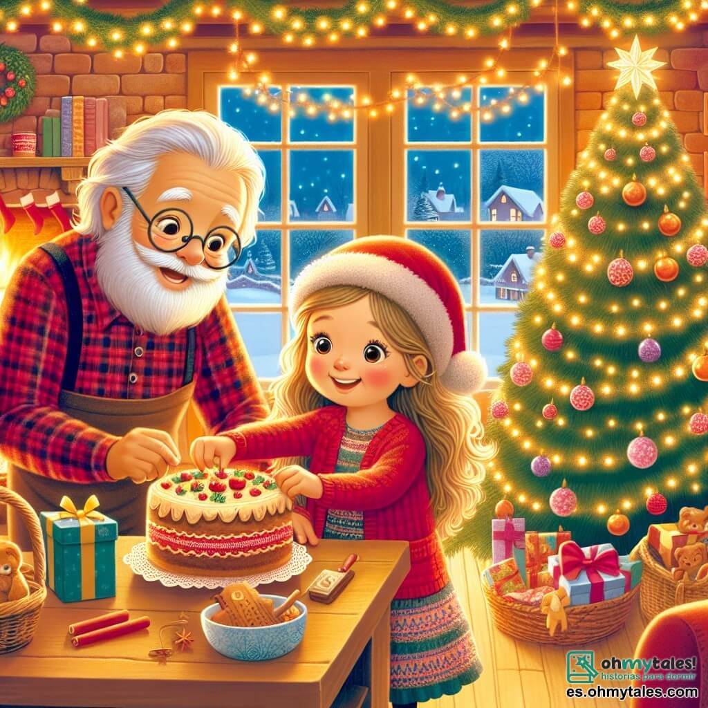 Une illustration destinée aux enfants représentant une fille pleine de vie, préparant une surprise de Noël pour sa famille avec l'aide d'un gentil vieil homme, dans un salon chaleureux décoré de guirlandes scintillantes et d'un sapin de Noël majestueux.