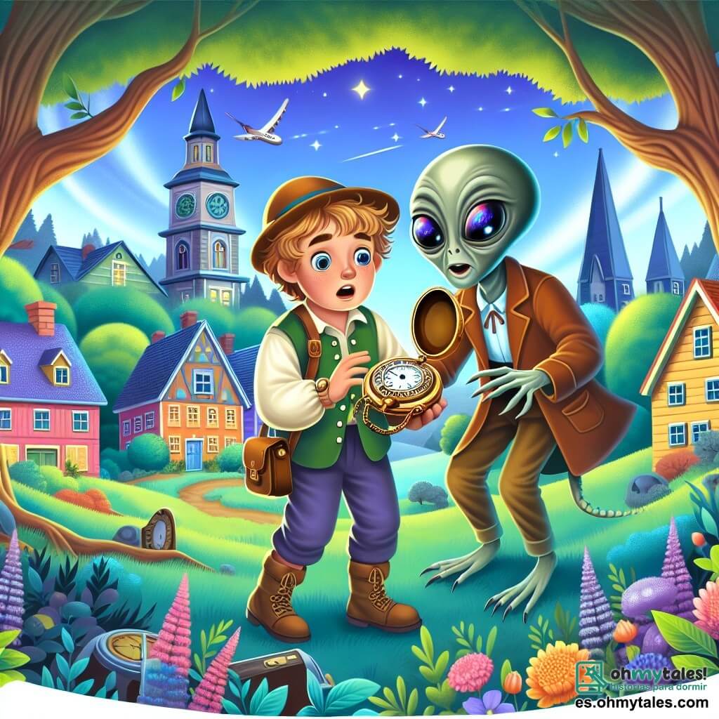 Une illustration destinée aux enfants représentant un garçon curieux et aventurier découvrant un étrange reloj de poche dans le grenier de sa grand-mère, accompagné d'un extraterrestre bienveillant aux yeux brillants, dans un village verdoyant avec des maisons colorées et des arbres majestueux.