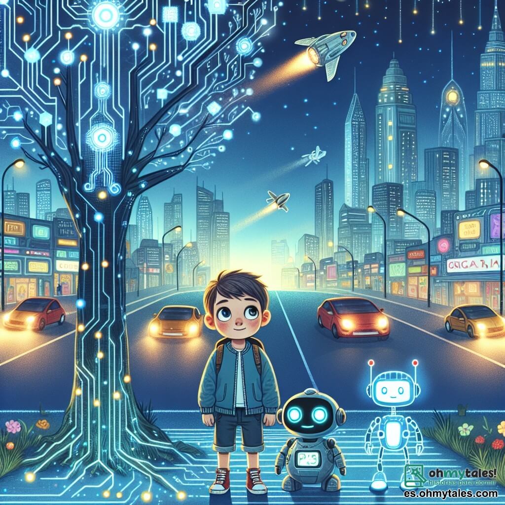 Une illustration destinée aux enfants représentant un garçon curieux se trouvant face à un arbre digital défaillant, accompagné de son fidèle robot, dans la ville futuriste de Cristalia, où les rues scintillent comme des cristaux et les voitures volantes laissent des traînées lumineuses dans le ciel.