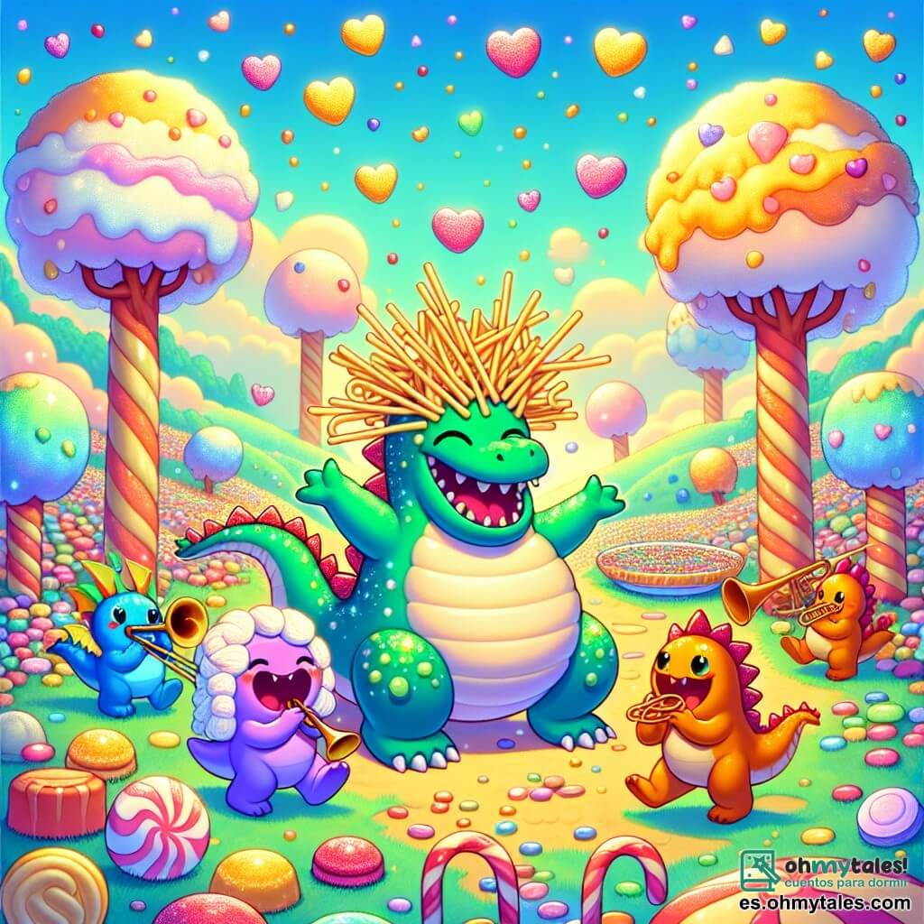 **Illustration destinée aux enfants représentant** un magnifique vallon enchanté, où des arbres aux troncs en sucre d'orge s'élèvent, leurs branches chargées de bonbons colorés scintillant sous un ciel bleu pastel parsemé de nuages en forme de guimauve. Au centre, un dragon vert au ventre rond et brillant, portant une couronne de spaghettis, est en train de rire aux éclats, ses écailles étincelant comme des émeraudes au soleil. À ses côtés, une petite dragonne mauve, espiègle et pleine d'énergie, effectue des pirouettes tout en imitant des bruits de canard, tandis qu'un dragon orange, avec des yeux pétillants de malice, fait des bruits de trombone, ajoutant une touche de folie à la scène. Tous sont réunis autour d'une grande table de bonbons, célébrant une fête joyeuse, remplie de rires et de couleurs éclatantes, tandis que des confettis en forme de cœurs tombent du ciel, créant une atmosphère de bonheur et de camaraderie.