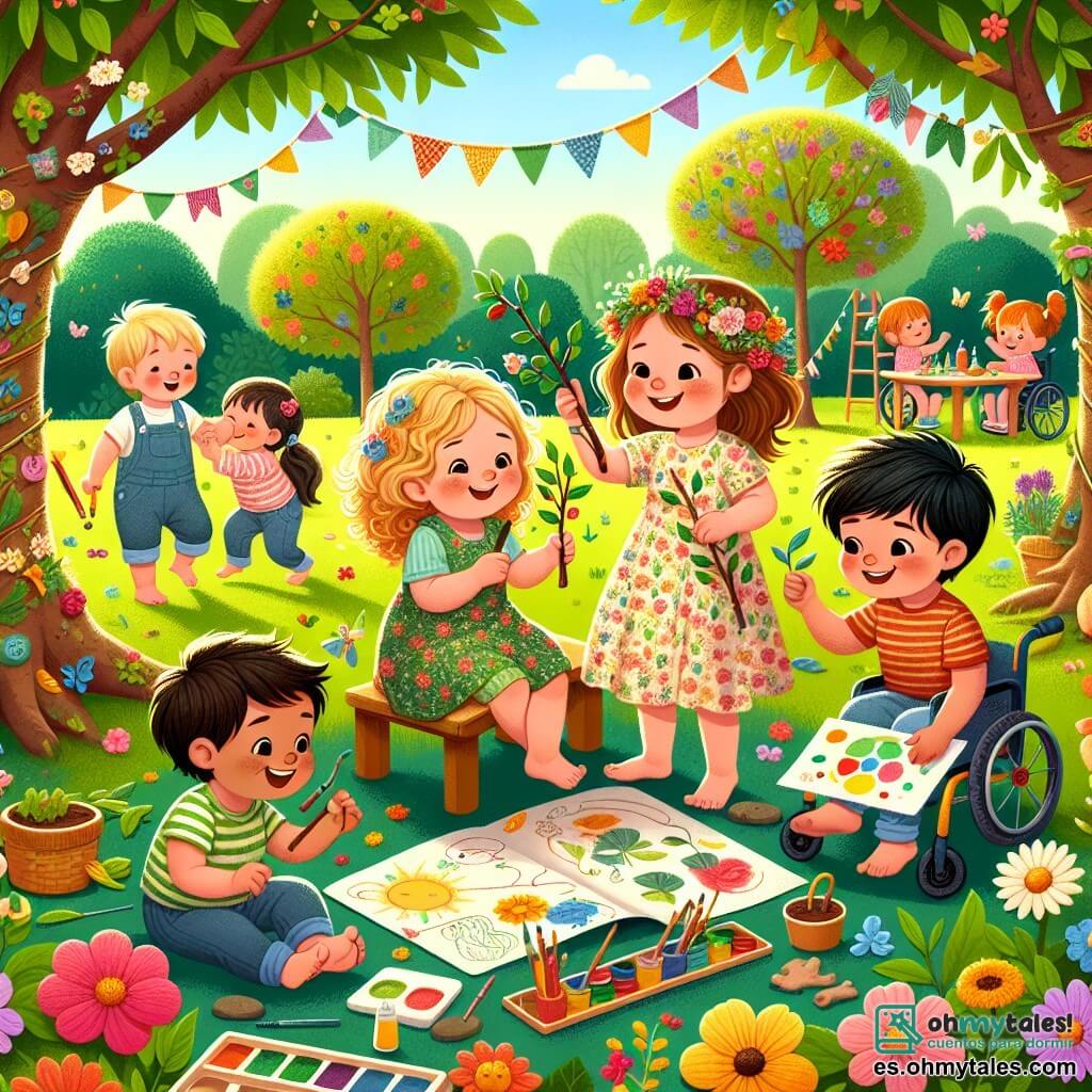Ilustración que representa un parque soleado, lleno de flores coloridas y grandes árboles con hojas verdes. En el centro, un grupo de niños juega alegremente. Una niña con cabello rizado y dorado, de cuatro años, lleva un bonito vestido de flores y sostiene ramas para construir una casa imaginaria. A su lado, un niño sonriente con cabello castaño y bolsillos llenos de piedras, también de cuatro años, prepara platos con hojas y flores, mostrando una gran alegría en su rostro. Otra niña, con cabello castaño recogido en una coleta, de cuatro años, está sentada en una mesa improvisada, pintando con colores vivos sobre papel. Finalmente, un niño con cabello negro, de cuatro años, está en una silla de ruedas, sosteniendo un mapa del tesoro y guiando a sus amigos en una aventura. Al fondo, otros niños se unen a ellos, creando una atmósfera de camaradería y compartir, con guirnaldas coloridas colgadas de los árboles, simbolizando la igualdad y la amistad.