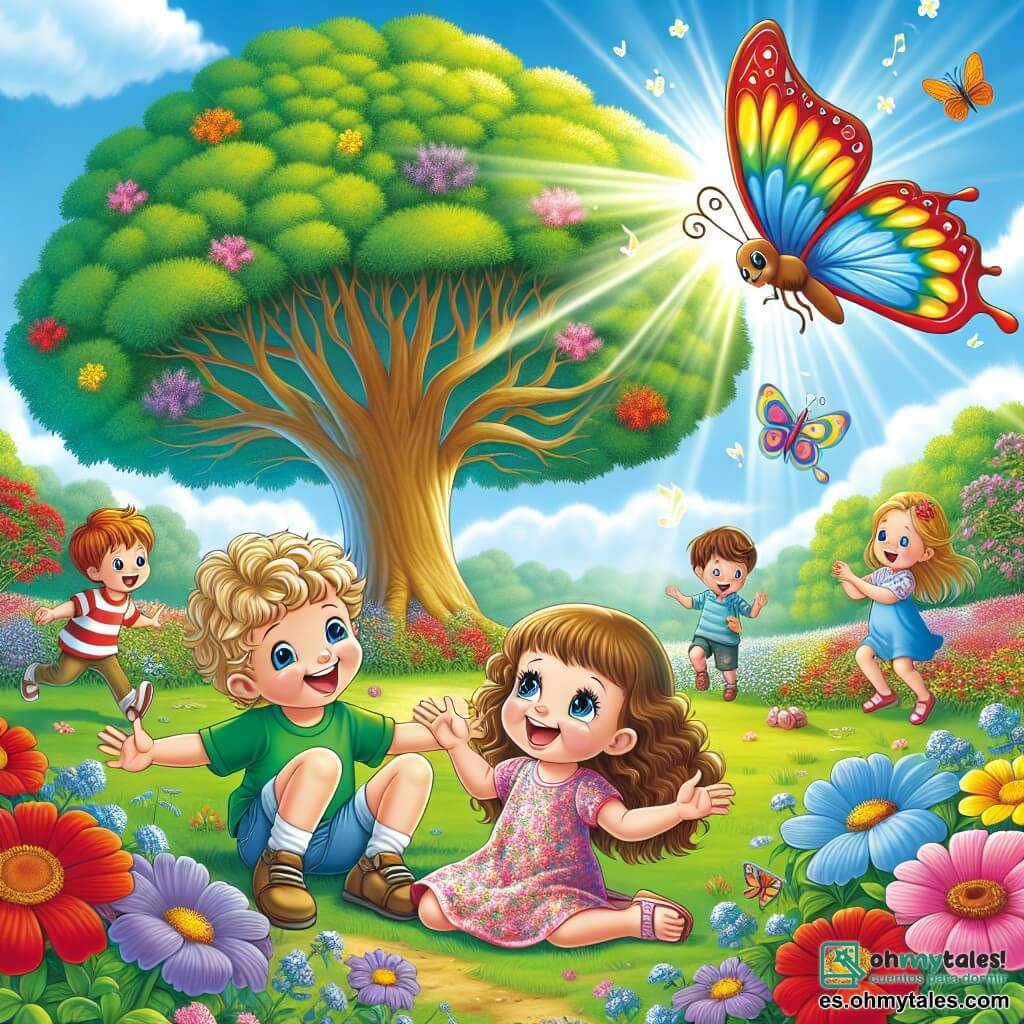 Ilustración que representa un gran árbol majestuoso en el centro de un claro soleado, rodeado de flores coloridas con pétalos brillantes de rojo, amarillo y violeta. El cielo es de un azul puro, salpicado de algunas nubes blancas esponjosas. Un niño pequeño, de aproximadamente 5 años, con cabello rubio y rizado, está sentado a la sombra del árbol, con una gran sonrisa en su rostro. Lleva una camiseta verde y pantalones cortos de mezclilla. A su lado, una niña de 4 años, con largos cabellos castaños y ojos brillantes, está saltando alegremente. Lleva un vestido rosa con flores y sandalias. Los dos niños están jugando juntos, riendo y maravillándose ante una mariposa colorida que vuela a su alrededor. La mariposa, con alas vibrantes de azul y naranja, parece bailar en el aire, añadiendo un toque de magia a la escena. En el fondo, otros animales del bosque, como una ardilla curiosa y un pájaro cantando, los observan con benevolencia, creando una atmósfera de camaradería y alegría.