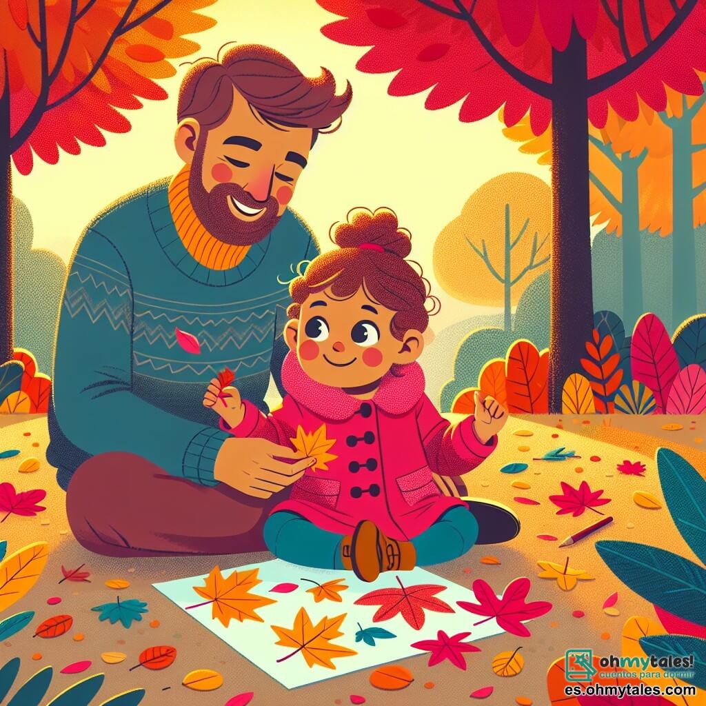 Une illustration sous forme de dessin destinée aux enfants représentant un parc en automne, avec des arbres aux feuilles rouges, jaunes et oranges, où une petite fille de 1 an aux cheveux bouclés et aux yeux pétillants, vêtue d'un manteau rose, est assise sur le sol en train de ramasser des feuilles colorées pour les coller sur un papier, tandis qu'un papa souriant, avec une barbe brune et un pull bleu, l'observe avec tendresse, le tout baigné dans une douce lumière dorée de fin d'après-midi.
