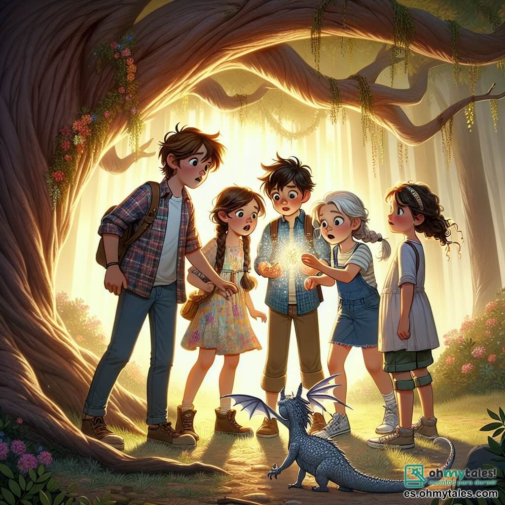 Une illustration sous forme de dessin destinée aux enfants représentant un groupe d'enfants de 11 ans, composé de deux garçons aux cheveux bruns et ébouriffés, l'un portant une chemise à carreaux et l'autre un t-shirt bleu, ainsi que deux filles, l'une avec des tresses blondes et une robe colorée, et l'autre avec des cheveux bouclés et un short en jean, tous réunis au bord d'un ancien grand arbre dans une forêt enchantée, émerveillés par un amuleto brillant qu'ils tiennent entre leurs mains, tandis qu'un petit dragon aux écailles iridescentes les observe avec curiosité, le tout baigné dans une lumière douce et magique, symbolisant l'aventure et l'amitié.