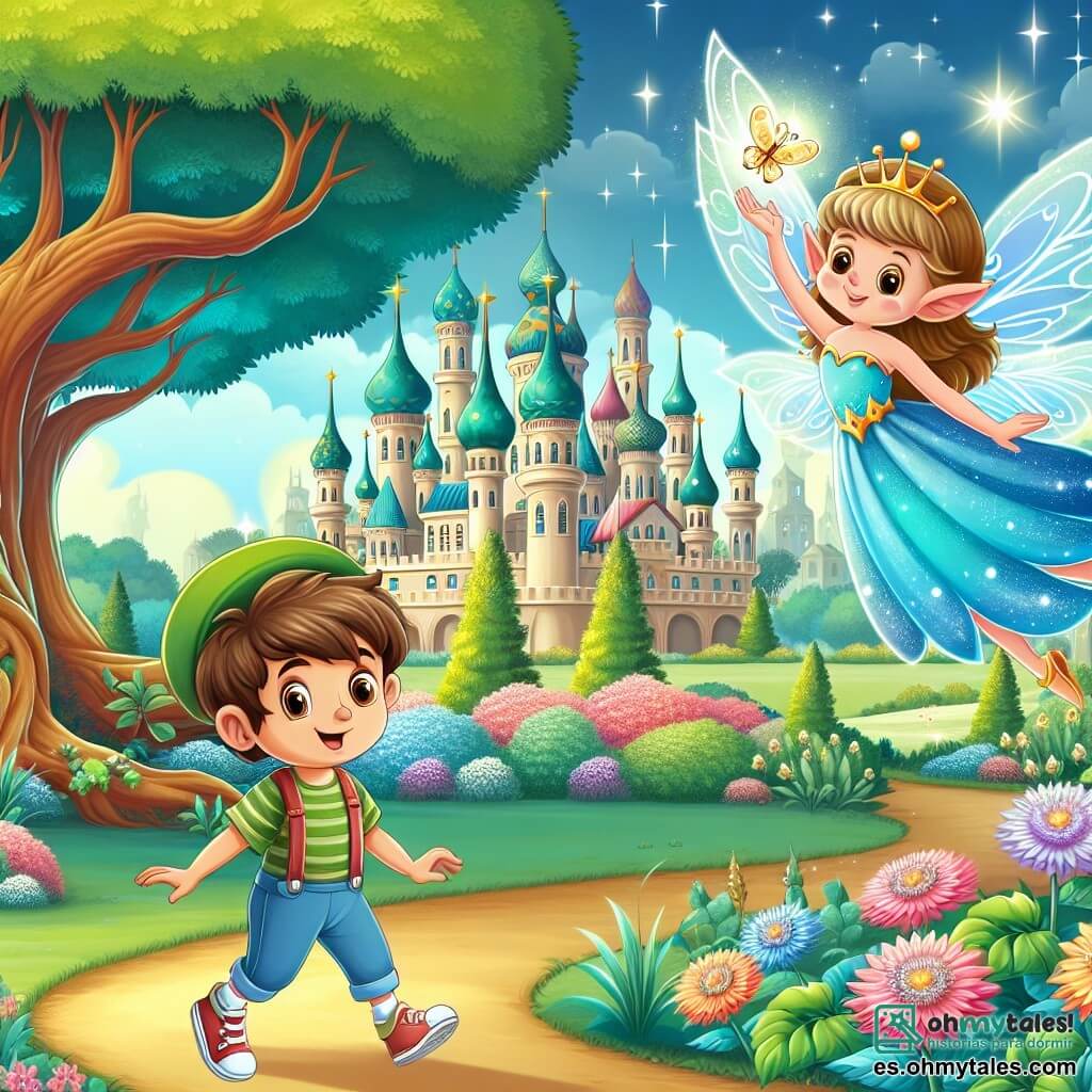 Une illustration destinée aux enfants représentant un garçon curieux, une fée lumineuse, et un parc enchanté aux arbres centenaires et aux fleurs scintillantes, où se déroulent des aventures magiques.