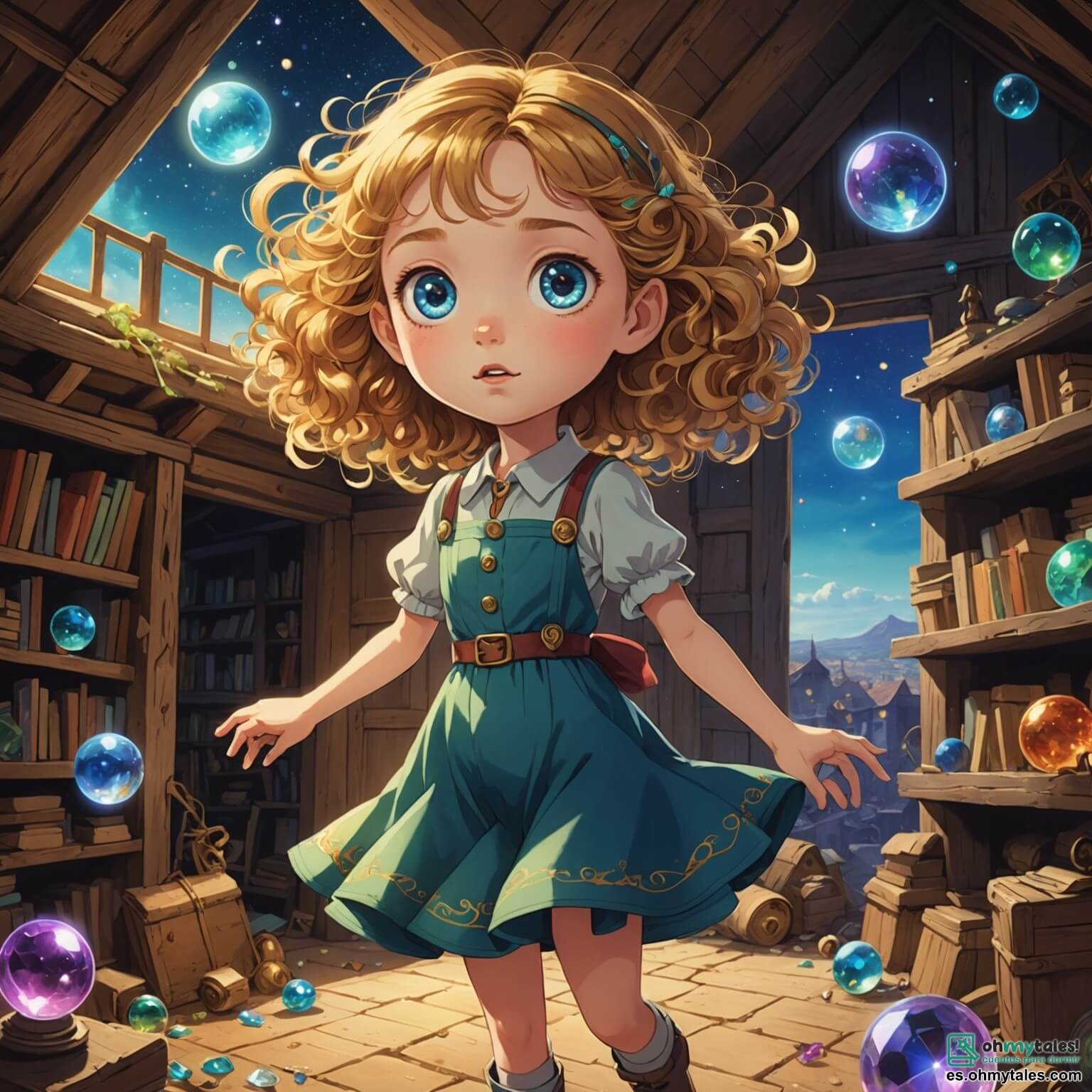 Une illustration destinée aux enfants représentant une fille aux grands yeux pétillants de curiosité, avec des boucles dorées dansant au gré du vent, se tenant au bord d'un vieux desván poussiéreux rempli de trésors oubliés, où elle découvre un cristal mystérieux qui l'emmène dans un monde coloré et enchanteur peuplé de créatures extraterrestres aux formes étranges et aux couleurs éclatantes, comme un petit être vert à trois bras, son nouvel ami, qui l'accompagne dans cette aventure incroyable à travers un paysage fantastique de forêts luminescentes et de rivières scintillantes, où le ciel est d'un violet profond parsemé de deux soleils brillants, tandis qu'ils doivent unir leurs forces pour protéger ce monde magique d'ombres menaçantes.