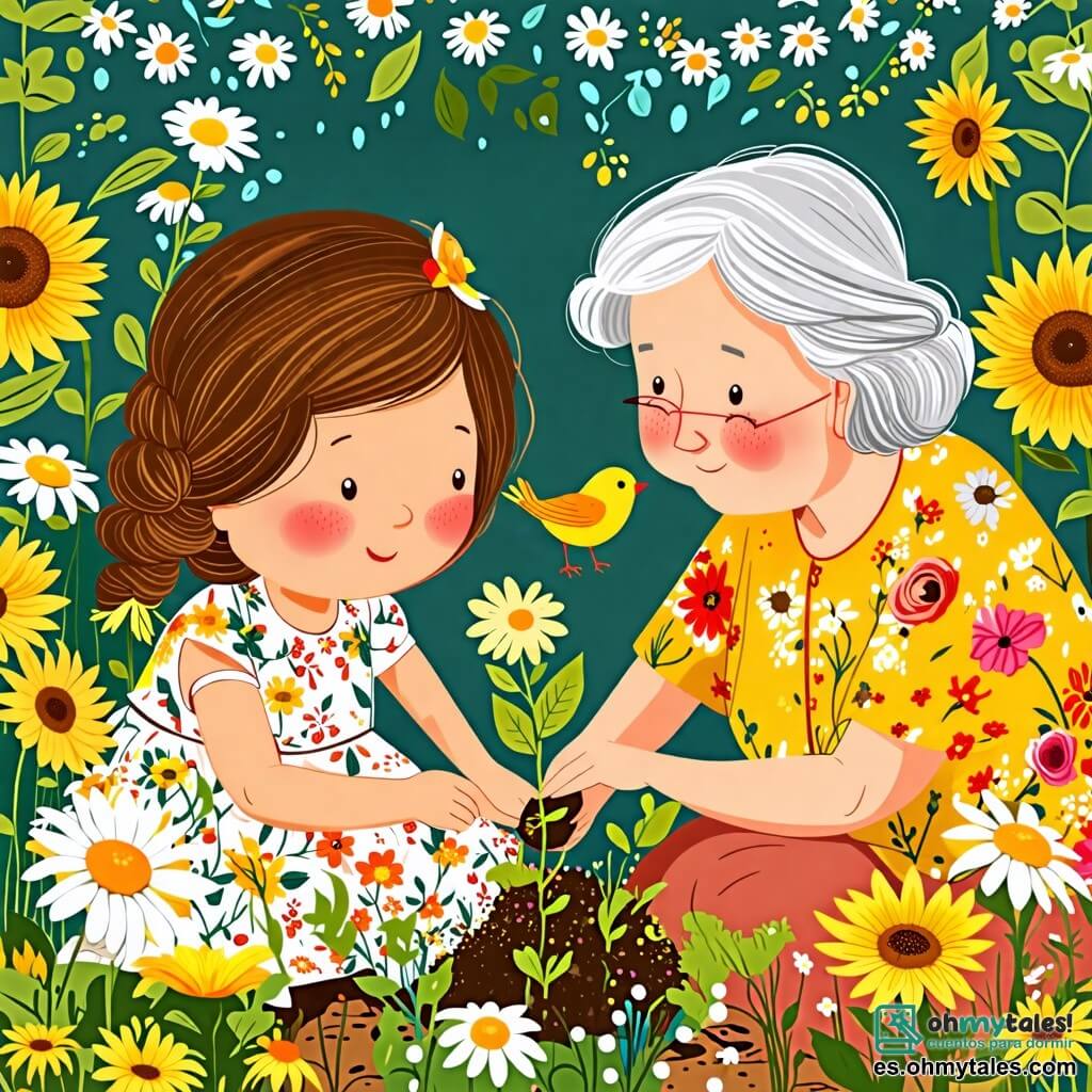 Une illustration sous forme de dessin destinée aux enfants représentant un jardin coloré en pleine floraison, avec des girasoles et des marguerites, où une fille de 10 ans aux cheveux châtains et aux yeux pétillants, vêtue d'une robe légère à fleurs, s'agenouille joyeusement pour planter des graines aux côtés de sa grand-mère, une femme âgée aux cheveux argentés et au sourire chaleureux, tandis qu'un petit oiseau jaune les observe depuis une branche, symbolisant la magie du printemps et l'importance de la nature et de l'amitié.