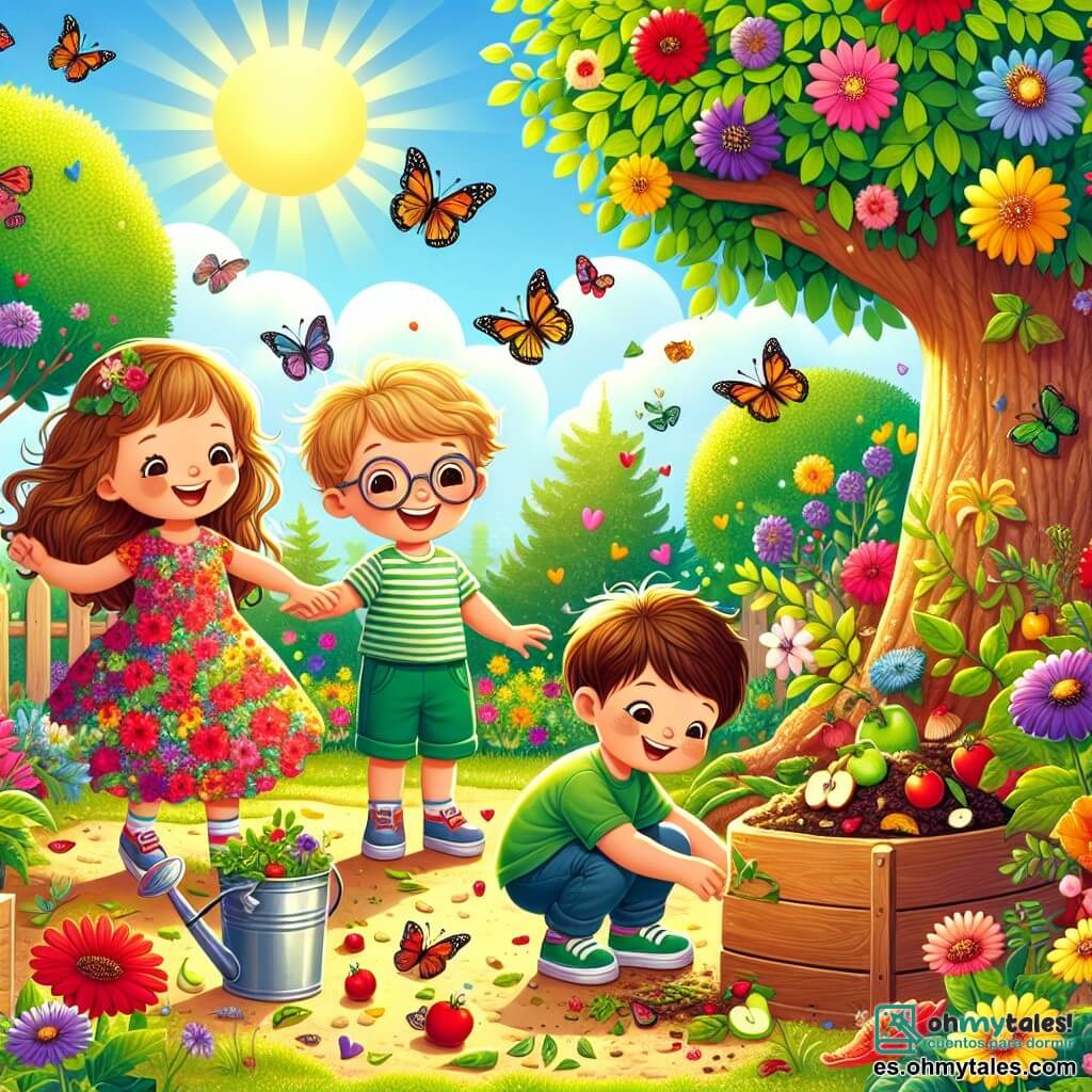 Ilustración que representa un jardín colorido y soleado, lleno de flores brillantes en tonos vivos de rojo, amarillo y violeta. En el centro, un gran árbol con hojas verdes exuberantes ofrece sombra, mientras que mariposas multicolores danzan alrededor de las flores. Tres niños están presentes: una niña de 7 años con largos cabellos castaños, vestida con un vestido de flores y una sonrisa alegre, que sostiene un balde lleno de hojas. A su lado, un niño de 6 años con cabello rubio alborotado, vestido con una camiseta verde y un short, observa una pequeña mariquita en su mano. Finalmente, un niño de 8 años con gafas y cabello castaño, vestido con una camisa a cuadros, está agachado recogiendo restos de frutas para el compost. La escena muestra a los niños trabajando juntos, riendo y ayudándose mutuamente, mientras aprenden a cuidar la naturaleza. Elementos adicionales incluyen herramientas de jardinería coloridas, como una pequeña pala y un regador, así como un compostador de madera junto a ellos, lleno de desechos orgánicos. El cielo es azul con algunas nubes blancas, añadiendo un toque de suavidad a este hermoso día de jardinería.