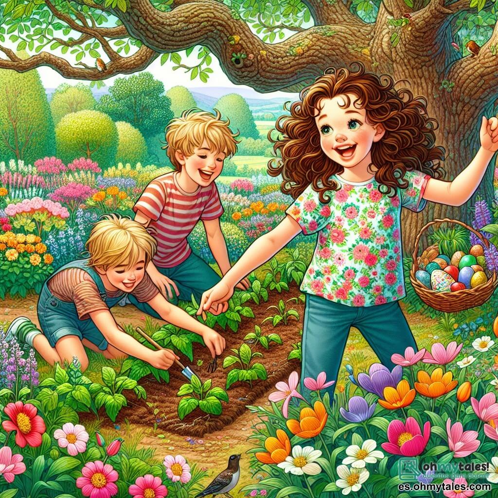 Une illustration sous forme de dessin destinée aux enfants représentant un jardin printanier vibrant de couleurs, avec une fille de 9 ans aux cheveux châtains et bouclés, vêtue d'une t-shirt à fleurs, croulant de joie alors qu'elle plante des graines dans un petit coin secret, entourée de ses amis : un garçon aux cheveux blonds et un autre aux cheveux bruns, tous deux riant et cherchant des œufs de Pâques cachés parmi les fleurs multicolores, tandis qu'un vieux chêne majestueux se dresse en arrière-plan, ses branches ornées de feuilles nouvelles et de nids d'oiseaux.
