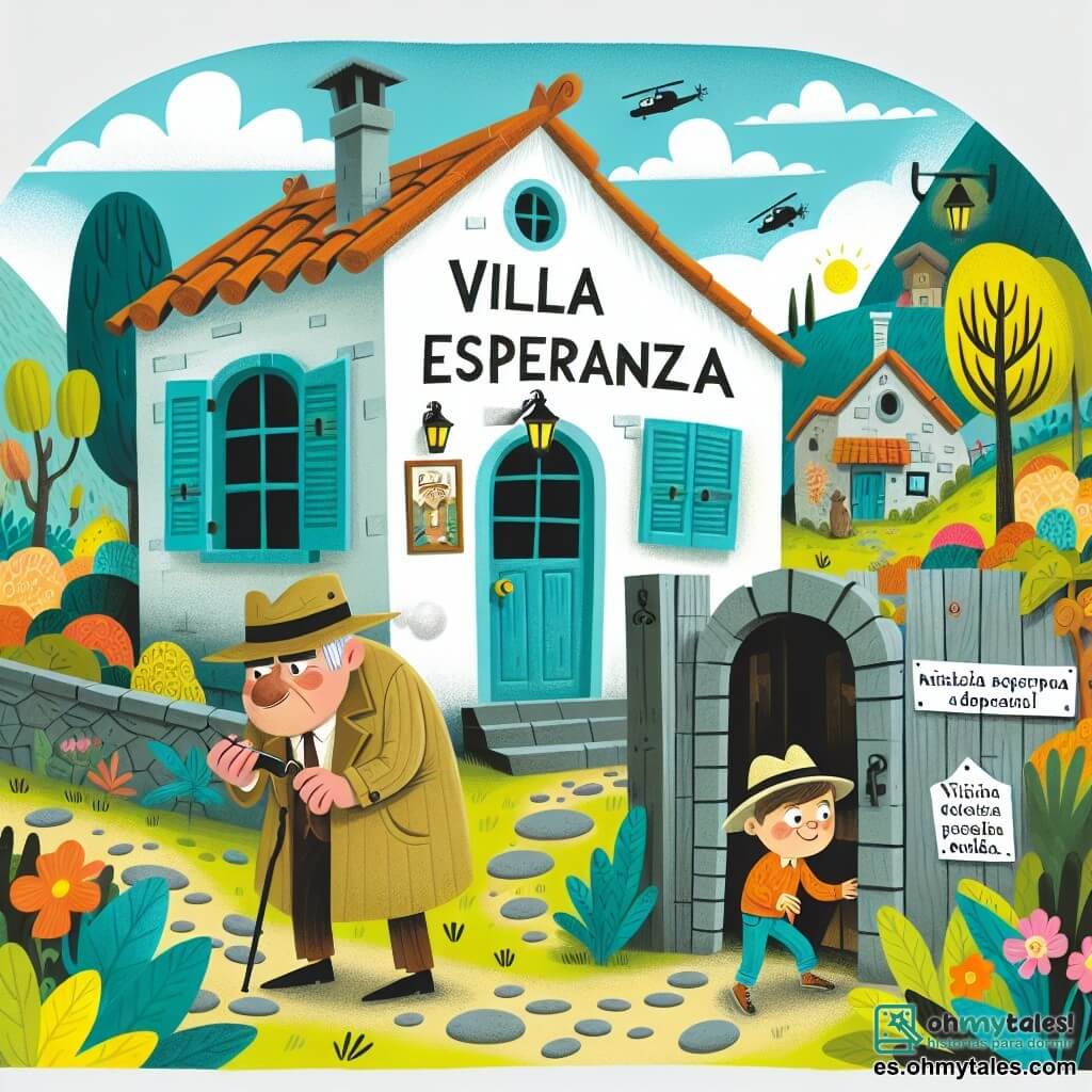 Une illustration destinée aux enfants représentant un détective astucieux, un vieil homme disparu mystérieusement, une maison abandonnée aux volets craqués et à la porte grinçante, dans le paisible village de Villa Esperanza.