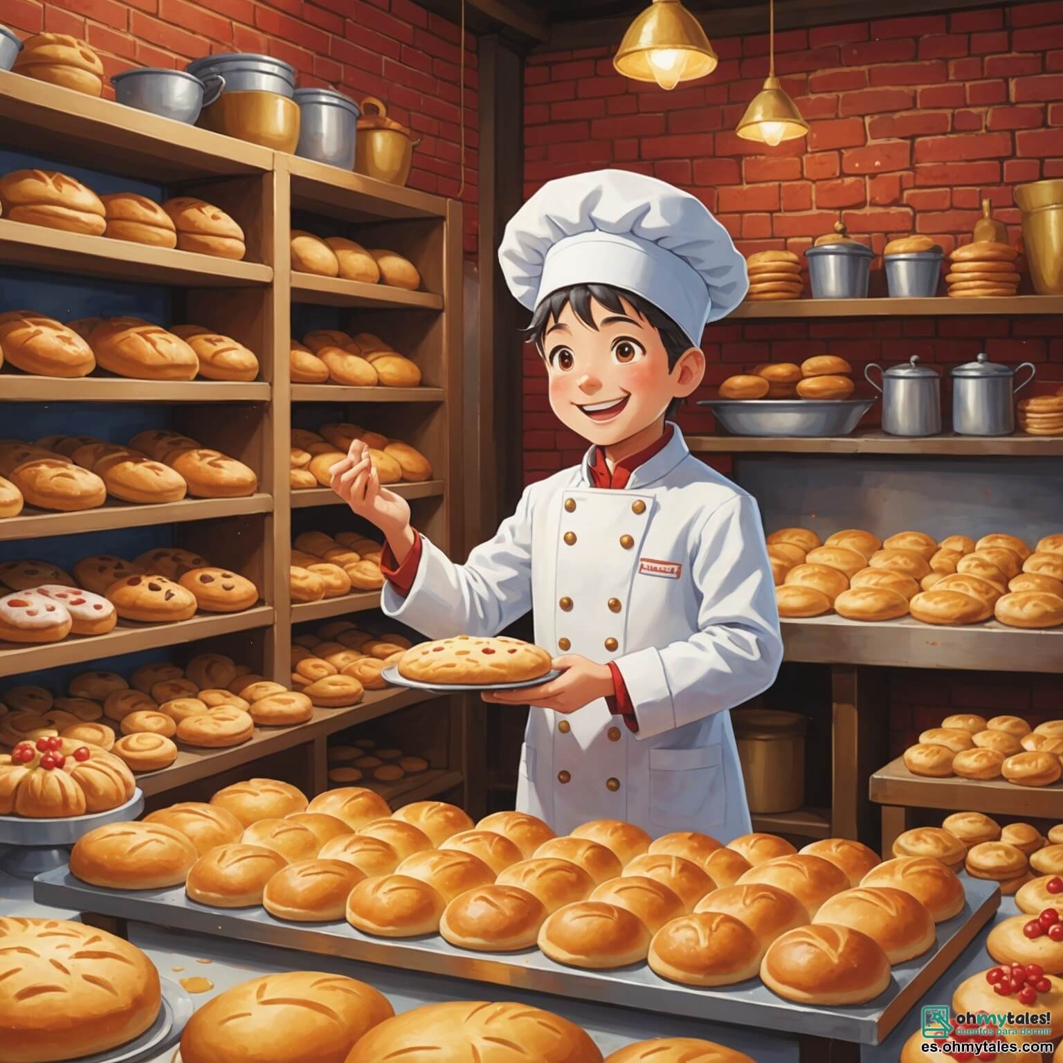 Une illustration destinée aux enfants représentant un homme au sourire chaleureux, vêtu d'une blouse blanche et d'un chapeau de boulanger, pétrissant avec passion une pâte dorée dans une boulangerie colorée aux murs en briques rouges, où des étagères débordent de pains croustillants et de gâteaux scintillants, tandis qu'une petite fille aux yeux pétillants, curieuse et pleine d'énergie, observe avec émerveillement chaque mouvement de cet artisan du bonheur.