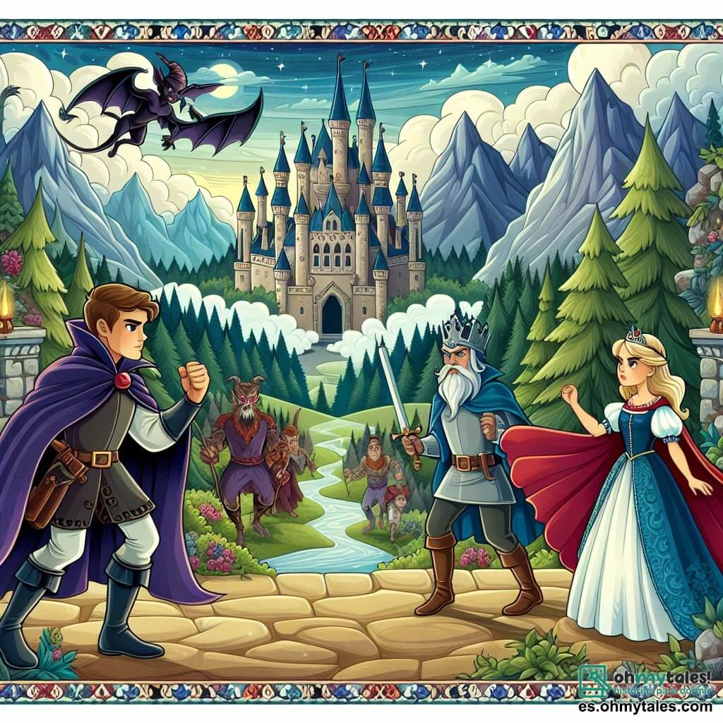 Une illustration destinée aux enfants représentant un vaillant prince courageux affrontant un maléfique hechicero aux côtés d'une ravissante princesse déterminée, dans un royaume enchanté parsemé de châteaux majestueux, de forêts mystérieuses et de montagnes escarpées.