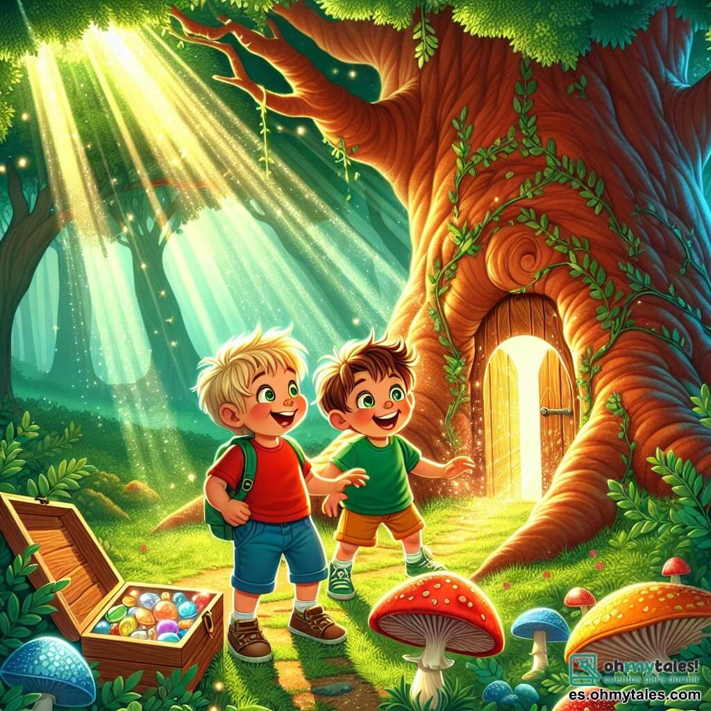 Ilustración que representa un gran árbol majestuoso en el corazón de un bosque verde, con un tronco grueso y hojas de un verde brillante que filtran la luz del sol, creando sombras danzantes en el suelo cubierto de hojas. Dos niños de seis años están frente al árbol: uno tiene cabello rubio y ojos brillantes, lleva una camiseta roja y un pantalón corto azul, mientras que el otro tiene cabello castaño y ojos chispeantes, vestido con una camiseta verde y un pantalón corto amarillo. Miran con asombro una pequeña puerta de madera tallada en el tronco del árbol, sus rostros iluminados por la curiosidad y la emoción. A sus pies, una caja de madera abierta revela conchas coloridas y piedras brillantes, símbolos de su amistad recuperada. Los rayos de sol atraviesan las ramas, añadiendo un toque mágico a esta escena de aventura y descubrimiento.