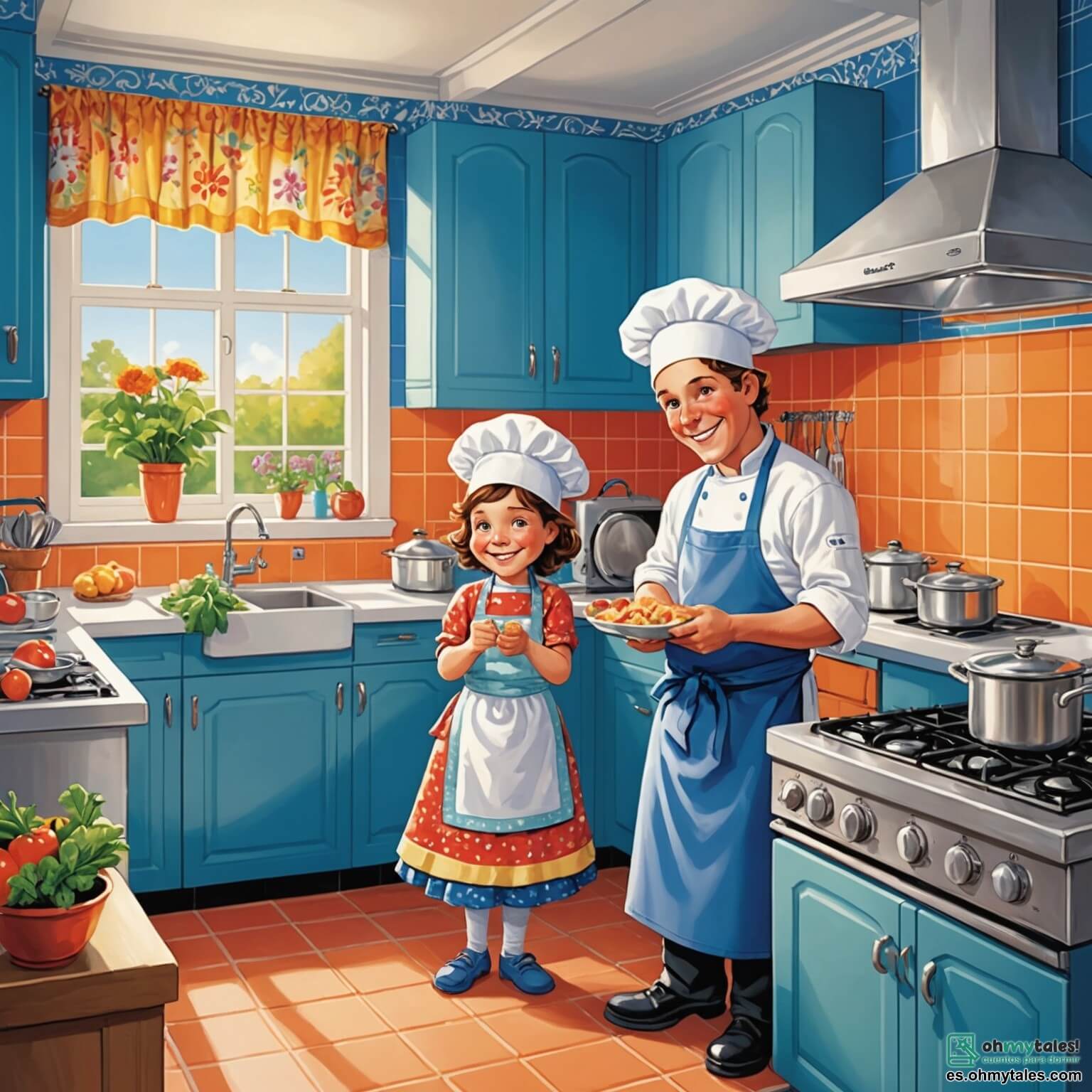 Une illustration destinée aux enfants représentant un homme au sourire chaleureux, vêtu d'une toque blanche et d'un tablier coloré, s'affairant dans une cuisine lumineuse aux murs carrelés de faïence bleue, où les rayons du soleil filtrent à travers des rideaux à fleurs, tandis qu'une petite fille aux yeux pétillants, curieuse et enthousiaste, observe attentivement chaque geste, prête à apprendre les secrets de la cuisine.
