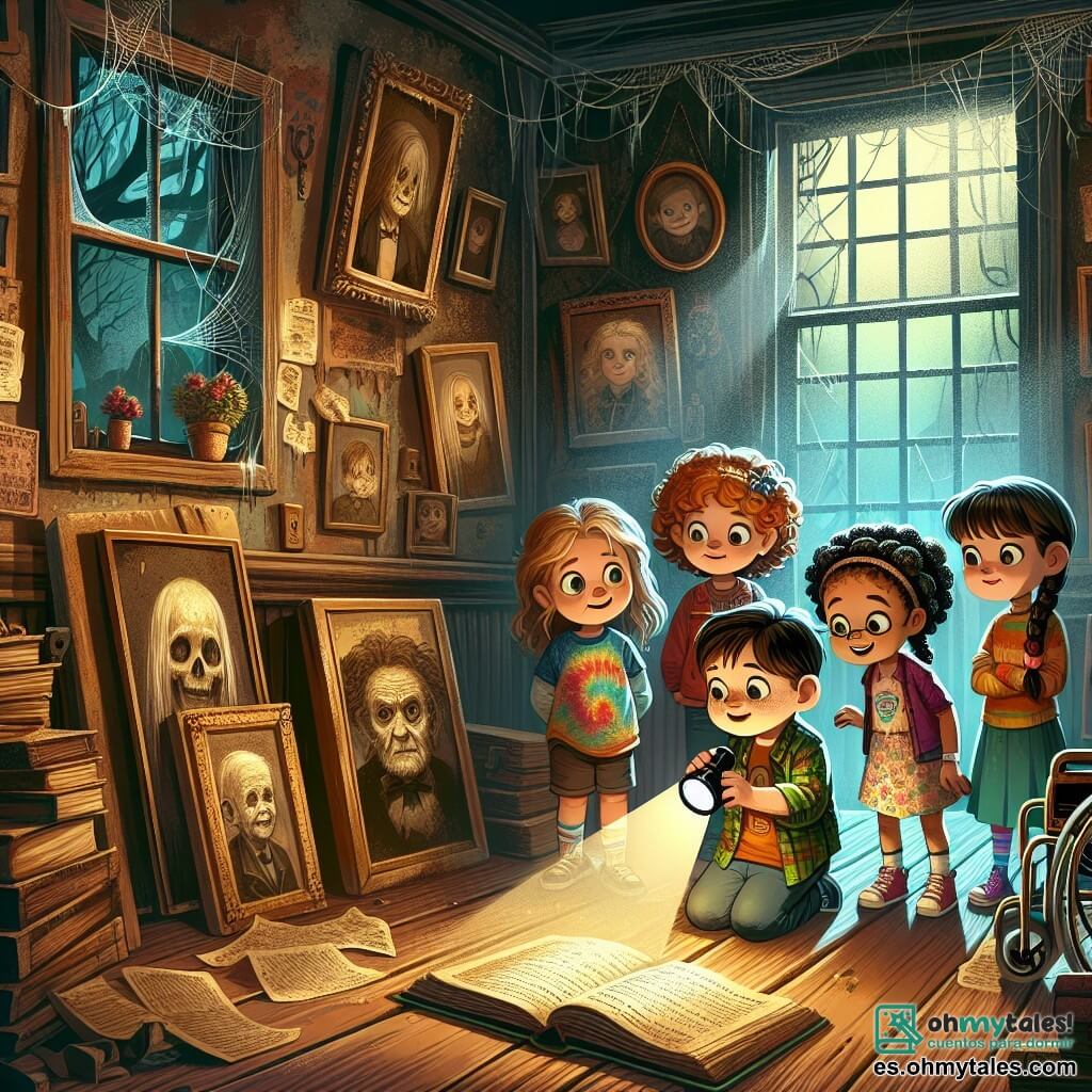 Ilustración que representa una escena misteriosa dentro de una vieja casa abandonada. Las paredes están cubiertas de polvo y telarañas, con retratos antiguos de rostros enigmáticos que parecen seguir a los personajes con la mirada. Una luz tenue filtra a través de una ventana rota, proyectando sombras inquietantes sobre el suelo de madera crujiente. En el centro de la ilustración, cuatro chicas se agrupan, sus rostros iluminados por la curiosidad y un ligero escalofrío de emoción. La primera, de unos 10 años, tiene cabello rizado castaño y lleva una camiseta de colores con un short. Mira con determinación hacia un viejo libro abierto sobre una mesa. La segunda, también de 10 años, tiene trenzas rubias y una sonrisa traviesa, sostiene una linterna que ilumina el libro. La tercera, de unos 11 años, tiene cabello negro liso, lleva un vestido de flores y parece perpleja, examinando un retrato antiguo en la pared. Finalmente, la cuarta, de unos 10 años, está en una elegante silla de ruedas, con cabello castaño y gafas, sonríe con valentía, lista para descubrir los secretos de la casa. La escena principal muestra a las chicas descubriendo un antiguo libro lleno de cartas y fotografías, rodeadas de la atmósfera misteriosa de la casa. Elementos gráficos adicionales incluyen sombras danzantes proyectadas por la luz de la linterna, telarañas colgantes en las esquinas y un viejo cofre de madera entreabierto, sugiriendo tesoros ocultos.
