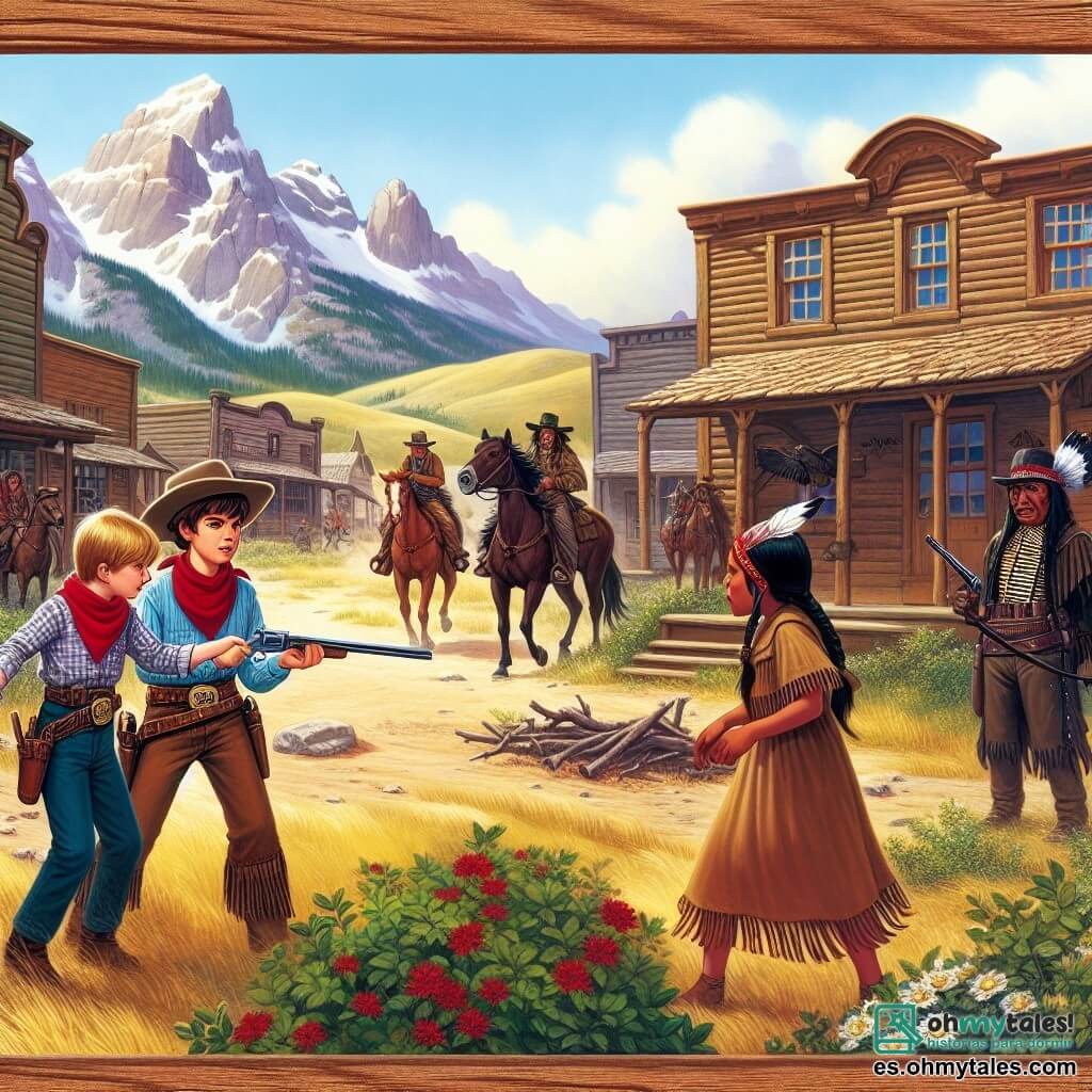 Une illustration destinée aux enfants représentant un jeune cow-boy courageux, faisant face à des bandits avec l'aide d'une jeune indienne, dans un petit village de l'Ouest américain, entouré de vastes prairies et de montagnes majestueuses.