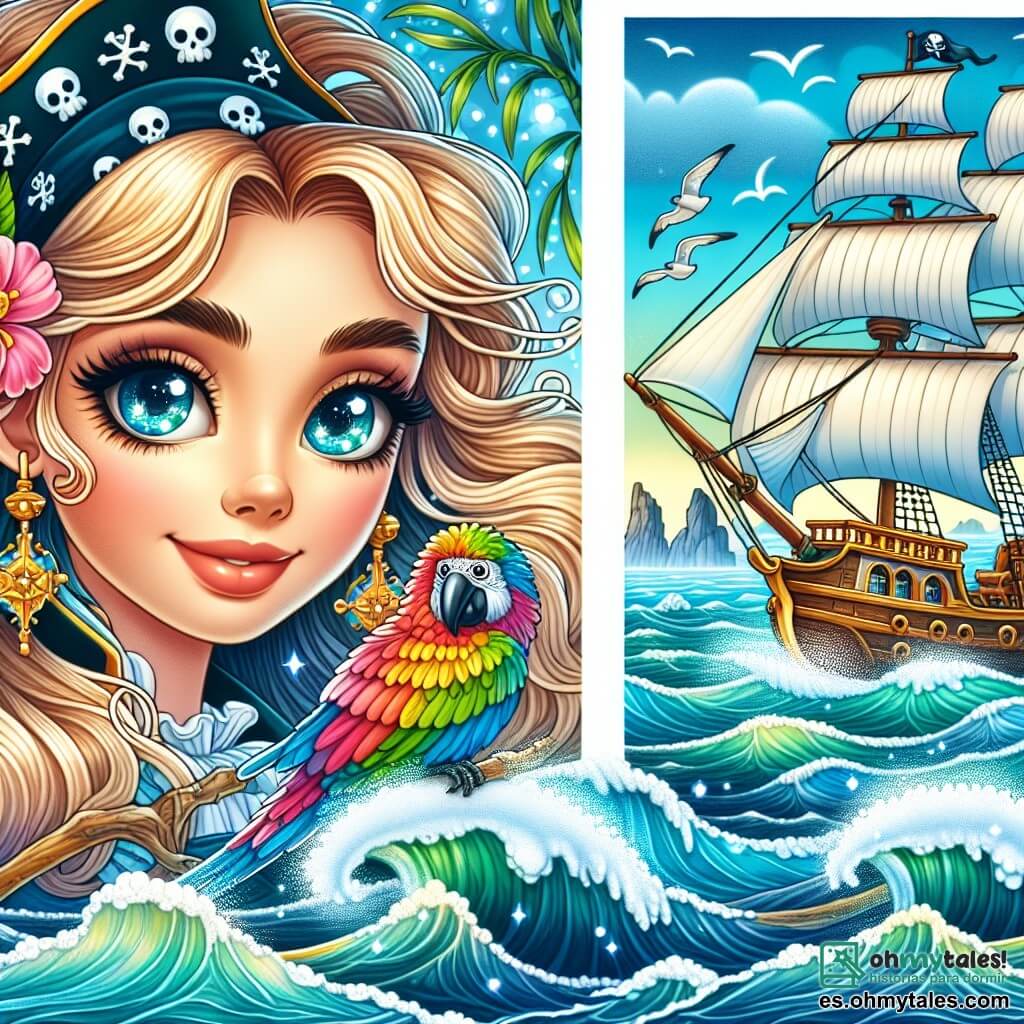 Une illustration destinée aux enfants représentant une femme pirate aux yeux brillants naviguant sur un navire majestueux, accompagnée de son fidèle perroquet coloré, à travers un océan scintillant parsemé d'îles mystérieuses et de vagues tumultueuses.