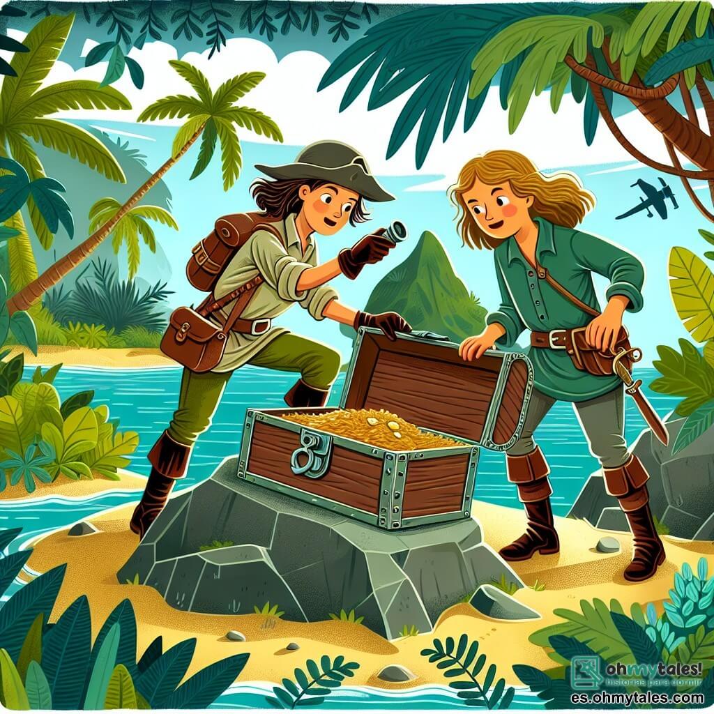 Une illustration destinée aux enfants représentant une courageuse exploratrice (fille) découvrant un mystérieux trésor avec l'aide de son fidèle ami naturaliste (garçon) sur une île luxuriante et pleine de secrets.