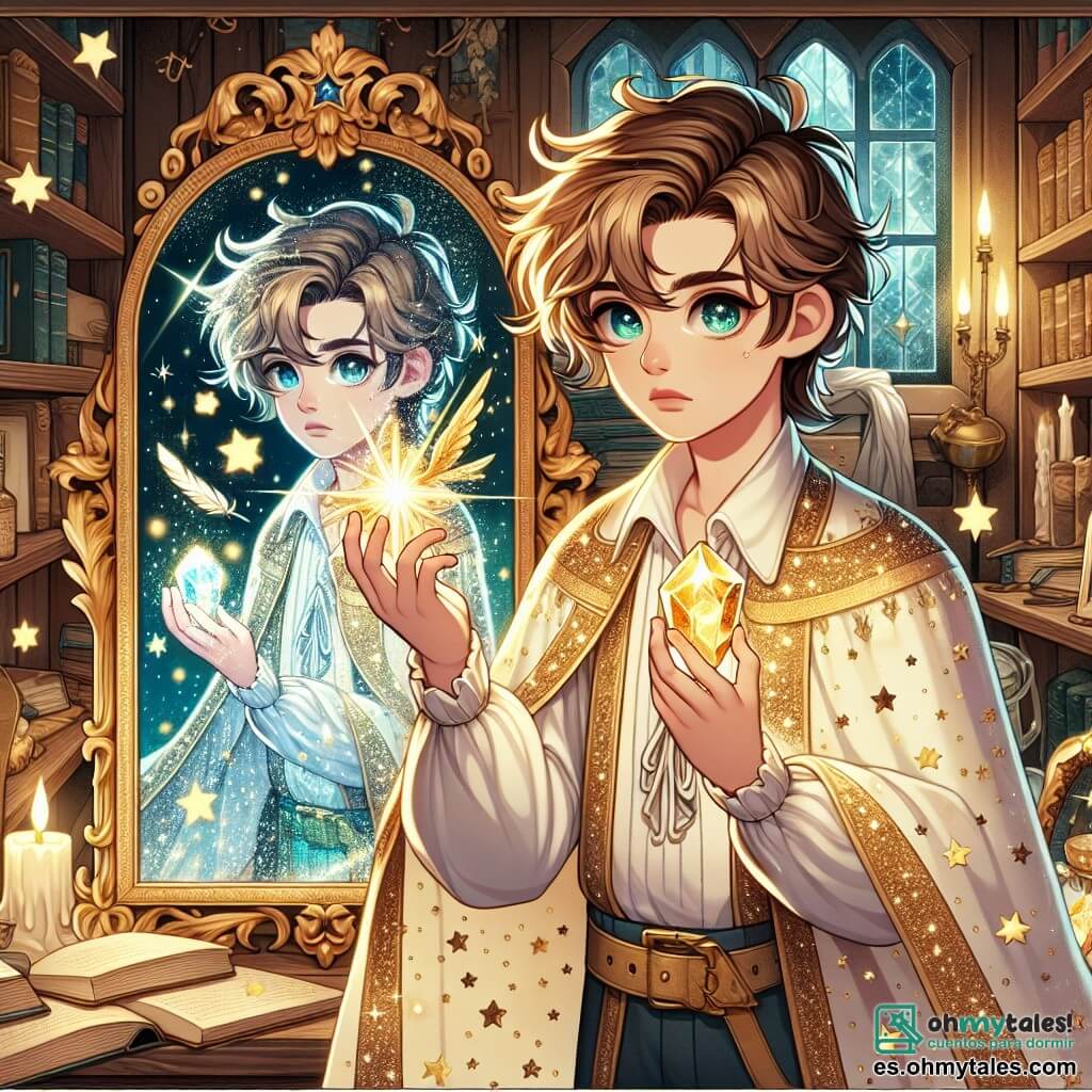 Une illustration sous forme de dessin destinée aux enfants représentant un jeune sorcier aux cheveux ébouriffés et aux yeux pétillants, vêtu d'une robe de mage ornée d'étoiles scintillantes, tenant un cristal lumineux dans une main et une plume dorée dans l'autre, se tenant devant un miroir ancien aux reflets magiques dans un vieux grenier poussiéreux rempli de livres et d'objets enchantés, tandis qu'une silhouette maternelle éthérée, entourée d'une lueur dorée, émerge du miroir, symbolisant la lutte entre la lumière et l'obscurité pour briser une malédiction familiale.