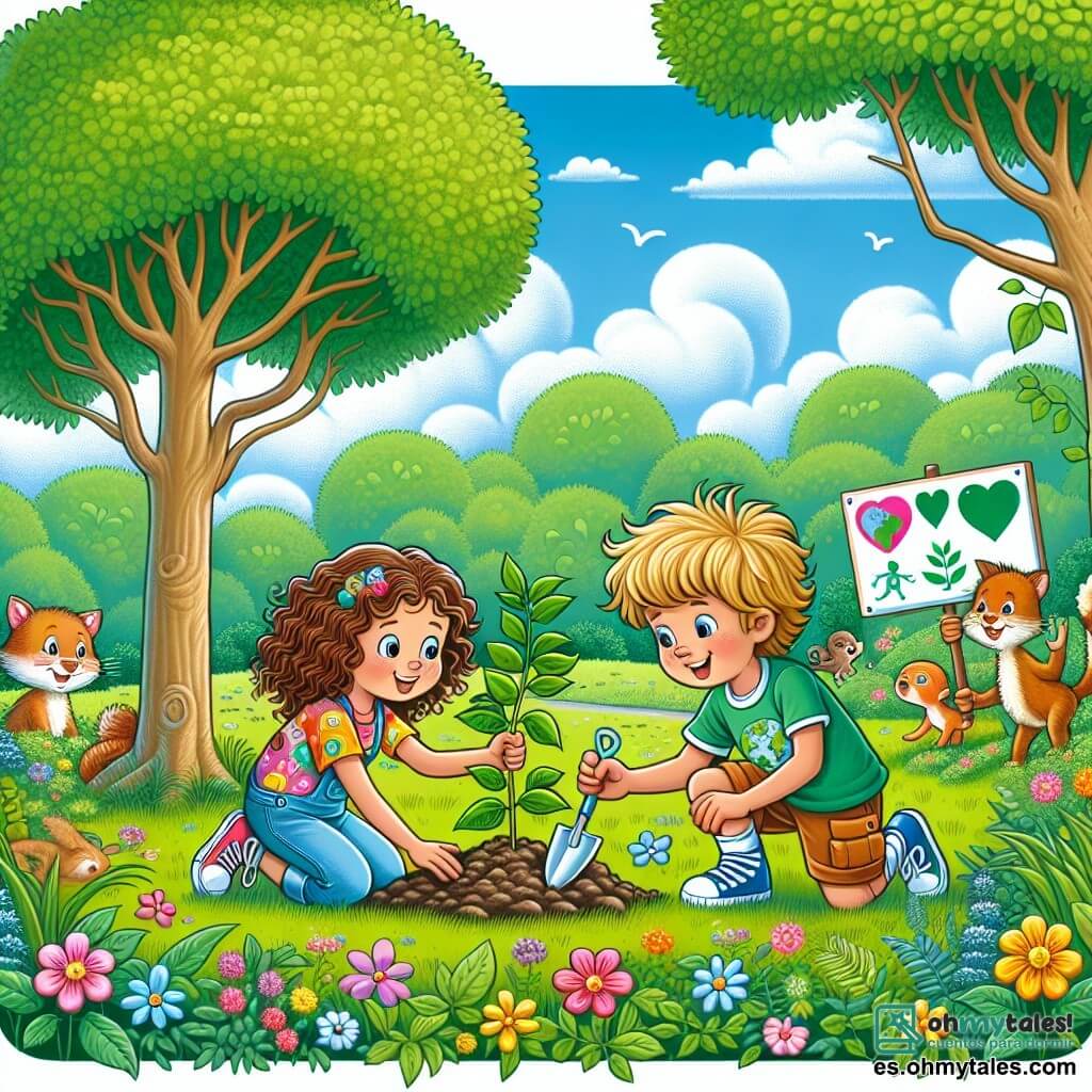 Une illustration sous forme de dessin destinée aux enfants représentant un parc verdoyant de Verdevivo, avec une fille de 11 ans aux cheveux bruns et bouclés, portant une t-shirt coloré et des shorts, qui s'agenouille pour planter un jeune arbre avec un grand sourire sur son visage, tandis qu'à ses côtés, un garçon de son âge, aux cheveux blonds et ébouriffés, tient une pancarte colorée avec un message sur la protection de l'environnement, le tout sous un ciel bleu éclatant et entouré de fleurs colorées et d'animaux curieux observant la scène, symbolisant l'espoir et l'engagement des enfants pour lutter contre le changement climatique.