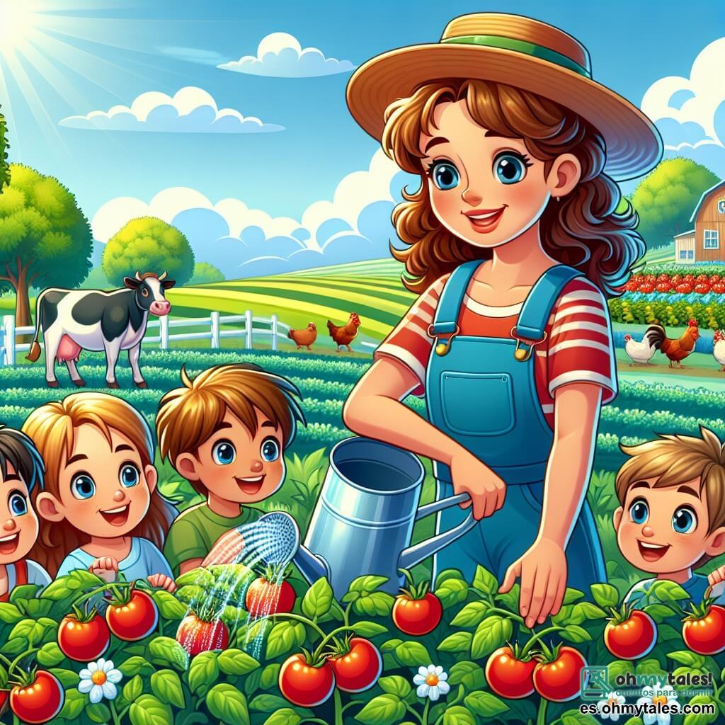 Une illustration sous forme de dessin destinée aux enfants représentant une ferme colorée avec des champs verdoyants et un ciel bleu clair, où une femme souriante aux cheveux bruns et bouclés, vêtue d'une salopette et d'un chapeau de paille, arrose avec soin des rangées de tomates brillantes, tandis qu'un groupe de quatre enfants, deux garçons aux cheveux blonds et deux filles aux cheveux châtains, les yeux émerveillés, s'approchent d'elle pour apprendre sur les plantes et les animaux de la ferme, avec des vaches et des poules en arrière-plan, créant une atmosphère joyeuse et éducative.