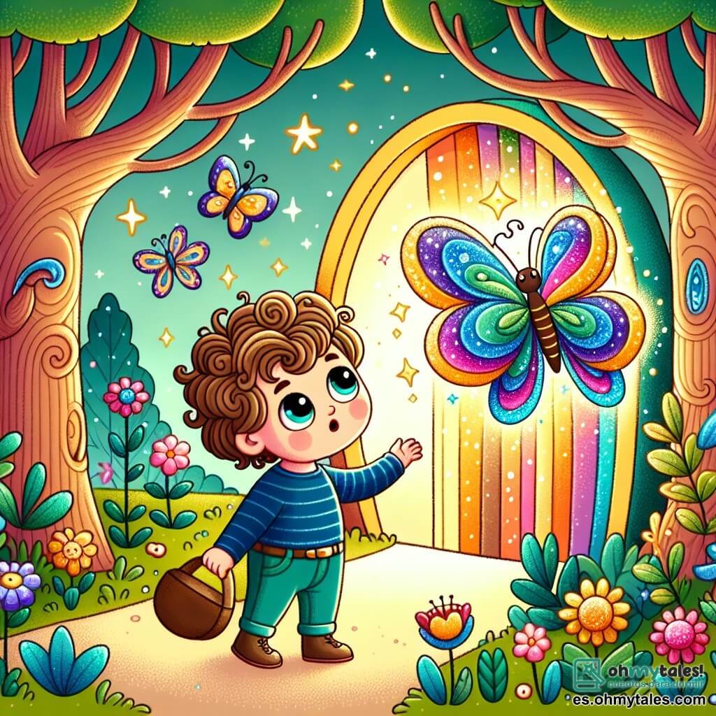 Une illustration sous forme de dessin destinée aux enfants représentant un jardin enchanté rempli d'arbres aux troncs colorés et de fleurs chantantes, où un petit garçon de 1 an aux cheveux bouclés et aux yeux pétillants explore avec émerveillement un portail magique brillant, tandis qu'une mariposa aux ailes multicolores et scintillantes vole joyeusement autour de lui, les deux personnages partageant un moment d'aventure et de découverte dans un monde féerique.