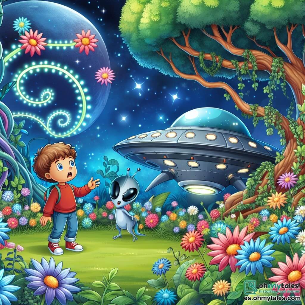 Une illustration destinée aux enfants représentant un garçon curieux découvrant une mystérieuse navette spatiale avec un extraterrestre amical, dans un parc verdoyant parsemé de fleurs colorées et d'arbres majestueux aux branches en forme de spirales lumineuses.