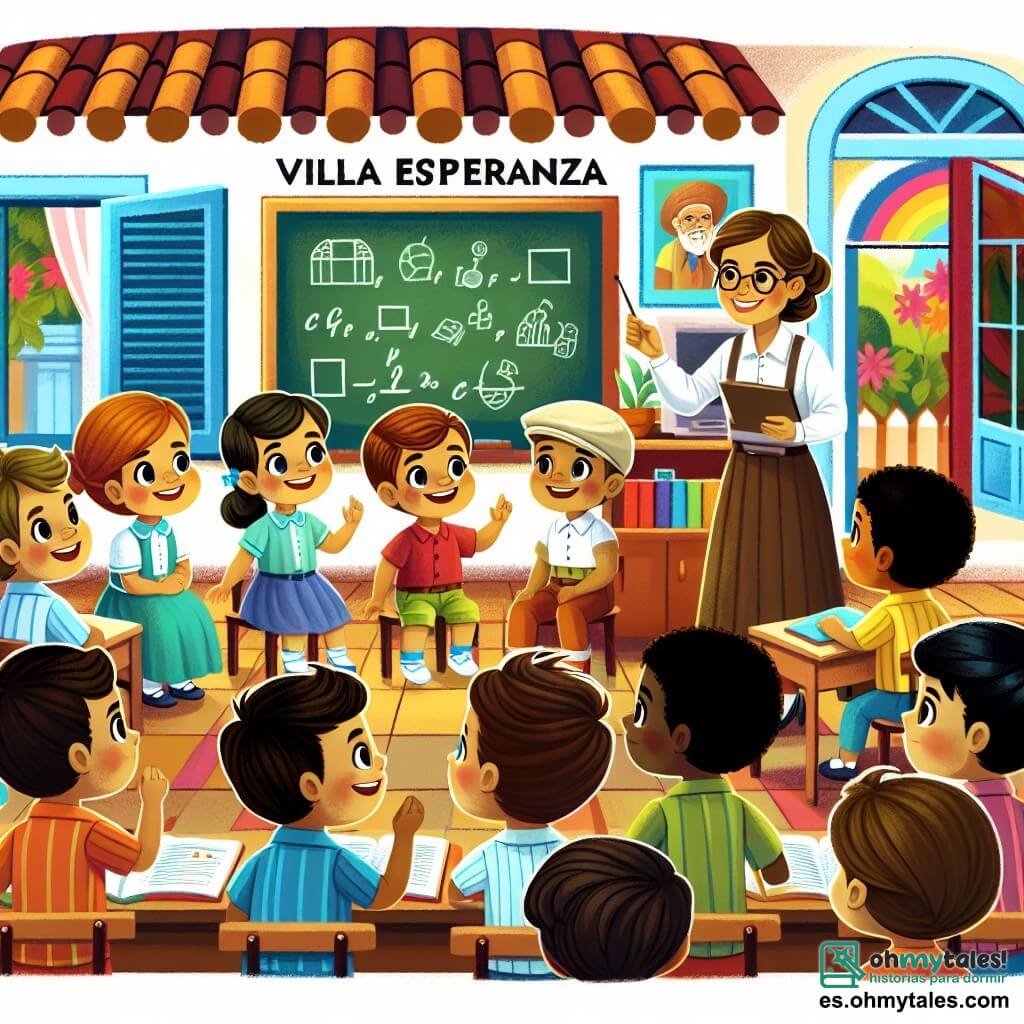 Une illustration destinée aux enfants représentant un jeune maître aimable et enthousiaste enseignant à un groupe d'enfants curieux dans une salle de classe colorée et joyeuse de Villa Esperanza.