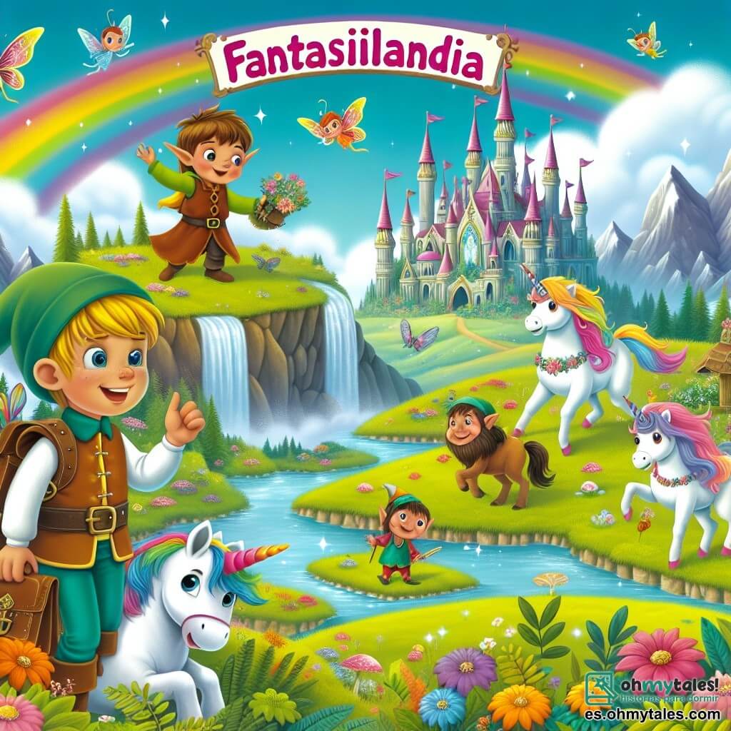 Une illustration destinée aux enfants représentant un garçon curieux et intrépide, accompagné d'un unicornio colorido et d'un duende malicieux, explorant Fantasilandia, un monde magique rempli de prairies brillantes, cascades arc-en-ciel et palais des hadas.