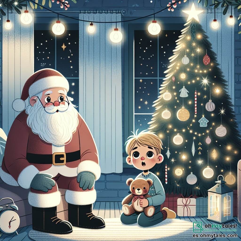 Une illustration destinée aux enfants représentant un petit garçon émerveillé par la visite de Papá Noel, accompagné de son ours en peluche, dans un salon chaleureux décoré de guirlandes scintillantes et d'un grand sapin illuminé, lors d'une nuit de Noël magique.