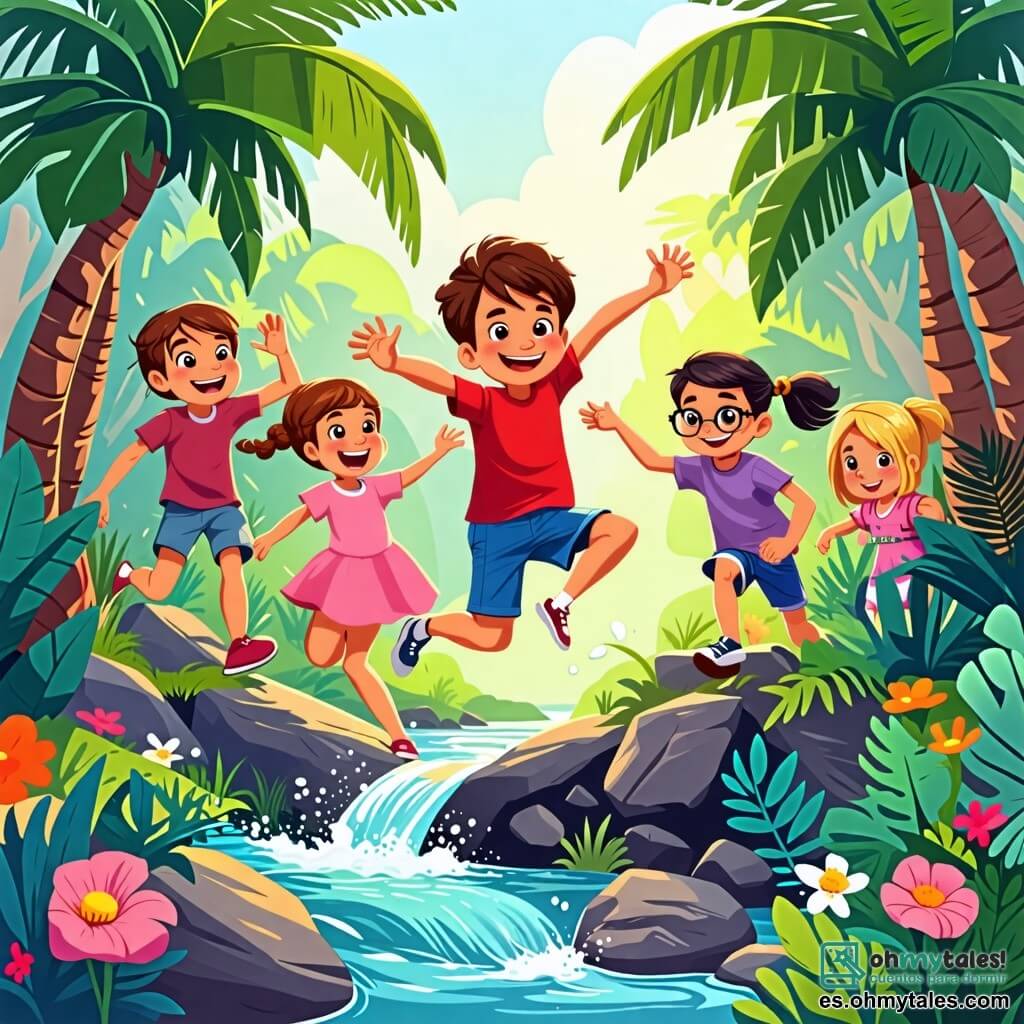 Une illustration sous forme de dessin destinée aux enfants représentant une île mystérieuse avec des palmiers et des fleurs colorées, où un garçon de 4 ans aux cheveux bruns et aux yeux pétillants, portant un t-shirt rouge et un short bleu, saute joyeusement sur des pierres pour traverser un petit ruisseau, tandis que trois amis, une fille aux cheveux blonds en tresse avec une robe rose, un garçon aux cheveux châtains et lunettes, et une fille aux cheveux noirs avec un t-shirt violet, l'encouragent depuis l'autre côté, tous souriant et prêts à découvrir une étoile magique cachée dans une caverne scintillante.
