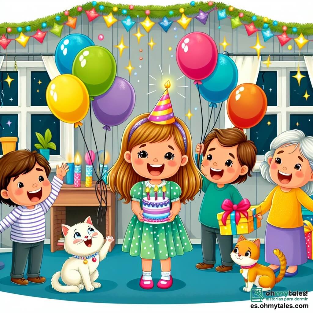 Une illustration destinée aux enfants représentant une petite fille joyeuse fêtant son anniversaire avec sa famille et son chat dans une maison décorée de ballons colorés et guirlandes scintillantes.