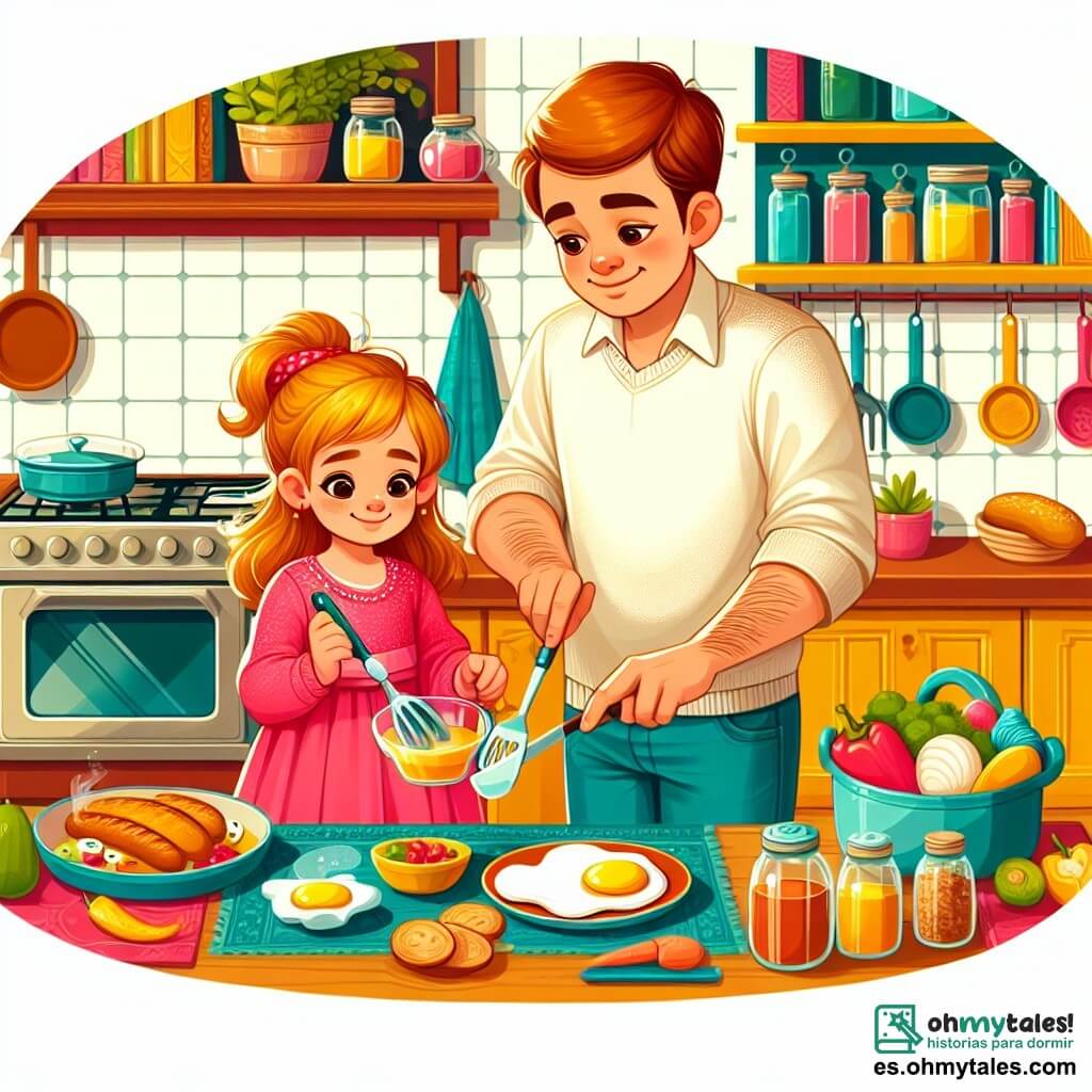 Une illustration destinée aux enfants représentant une petite fille préparant un délicieux petit-déjeuner pour sa maman, avec l'aide de son papa, dans une cuisine lumineuse et chaleureuse remplie de couleurs vives et d'ustensiles scintillants.