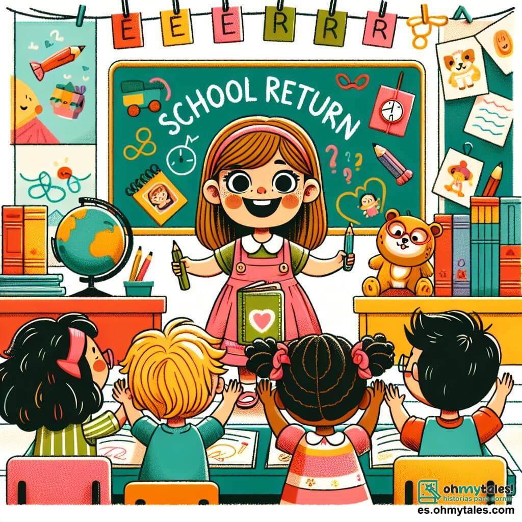 Une illustration destinée aux enfants représentant une petite fille rayonnante, le cœur plein d'excitation, qui fait sa rentrée des classes entourée de nouveaux amis, dans une salle de classe colorée remplie de livres, jouets et dessins accrochés aux murs.