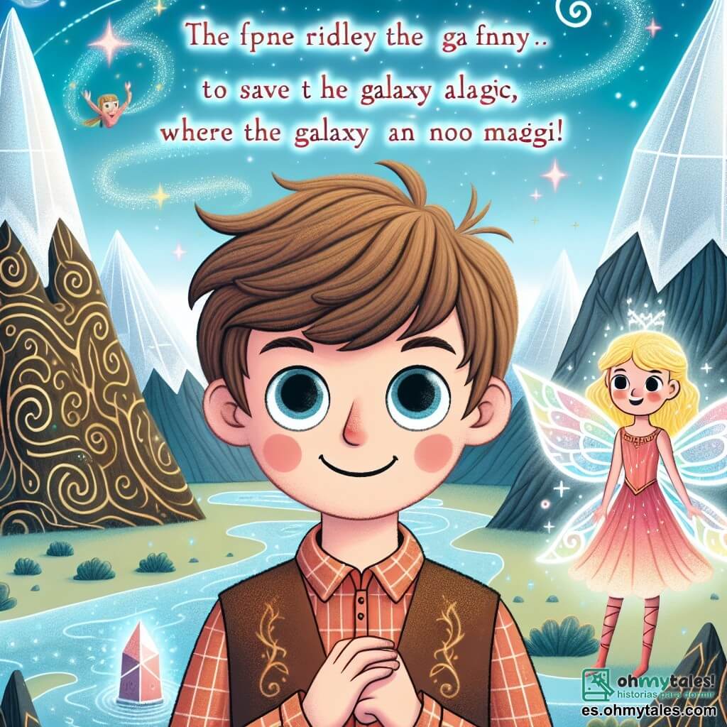 Une illustration destinée aux enfants représentant un garçon aux grands yeux curieux et une sonrisa lumineuse, se retrouvant face à une énigme ancienne pour sauver la galaxie de la magie, accompagné d'un hada de lumière aux ailes resplendissantes, dans la galaxie de Zafiro, où les rivières de cristal et les montagnes de lumière se mêlent en parfaite harmonie.