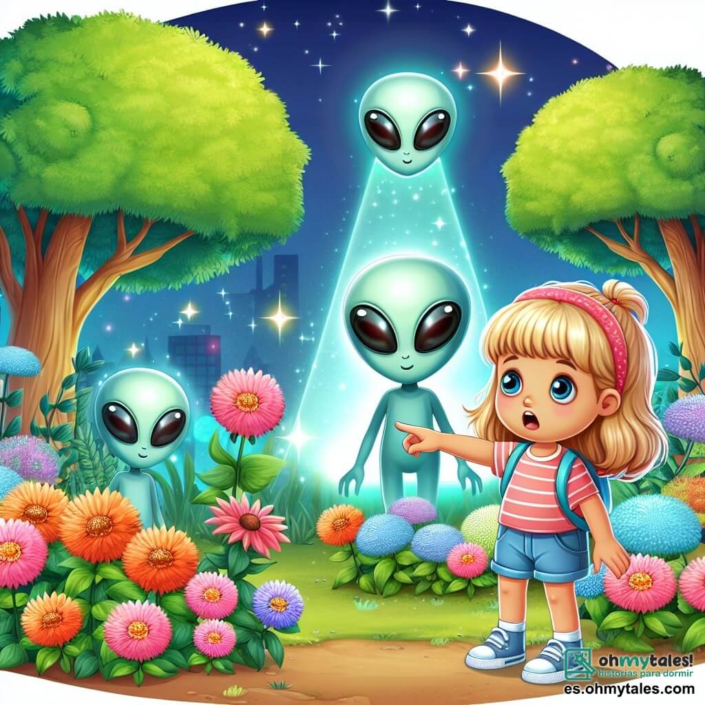 Une illustration destinée aux enfants représentant une fillette curieuse découvrant un objet mystérieux dans son jardin fleuri, accompagnée de gentils extraterrestres lumineux, dans un joli jardín aux fleurs multicolores et aux arbres majestueux.