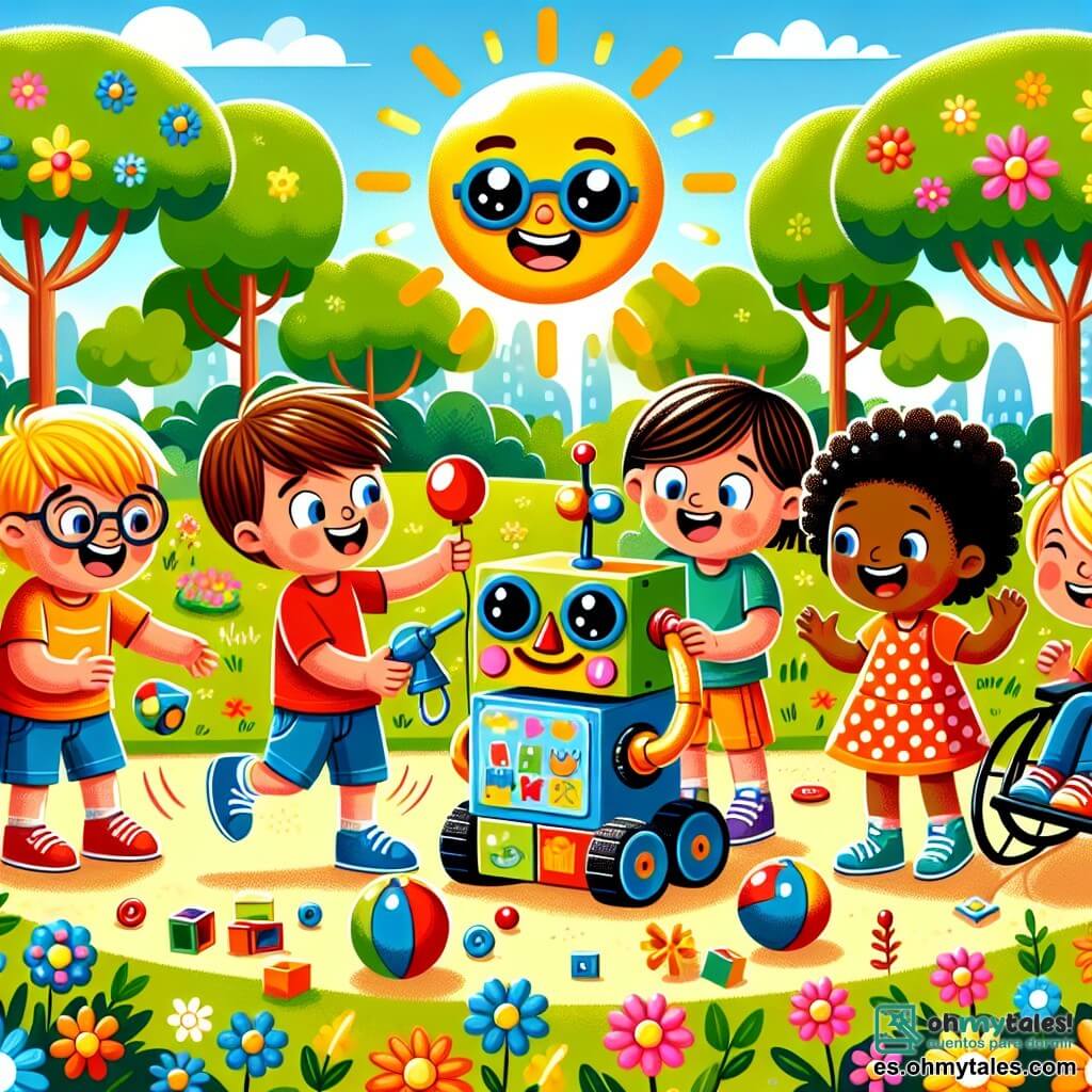 Ilustración que representa un parque soleado y colorido, lleno de flores brillantes y grandes árboles de hojas verdes, donde juegan y ríen niños. En el centro, un grupo de cinco amigos se reúne alrededor de un robot divertido: un niño de cabello castaño, de unos 10 años, con una sonrisa traviesa, que lleva una camiseta roja y un pantalón corto azul, ajustando la cabeza del robot. Junto a él, una niña de cabello rubio, de 9 años, con gafas y un vestido de lunares, ríe mientras sostiene un globo. Otro niño, con cabello negro y gafas, de 11 años, está sentado en una silla de ruedas, dando instrucciones con entusiasmo. Un niño de cabello castaño, de 10 años, hace gestos cómicos, mientras que otro niño, con cabello rizado y una camiseta verde, se ríe a carcajadas. El robot, hecho de cajas y botones de colores, tiene una cabeza en forma de cacerola, ojos de botones que parpadean y una gran boca sonriente. Todos los niños se divierten, rodeados de risas y energía, mientras el robot comienza a contar chistes, creando una atmósfera alegre y festiva.