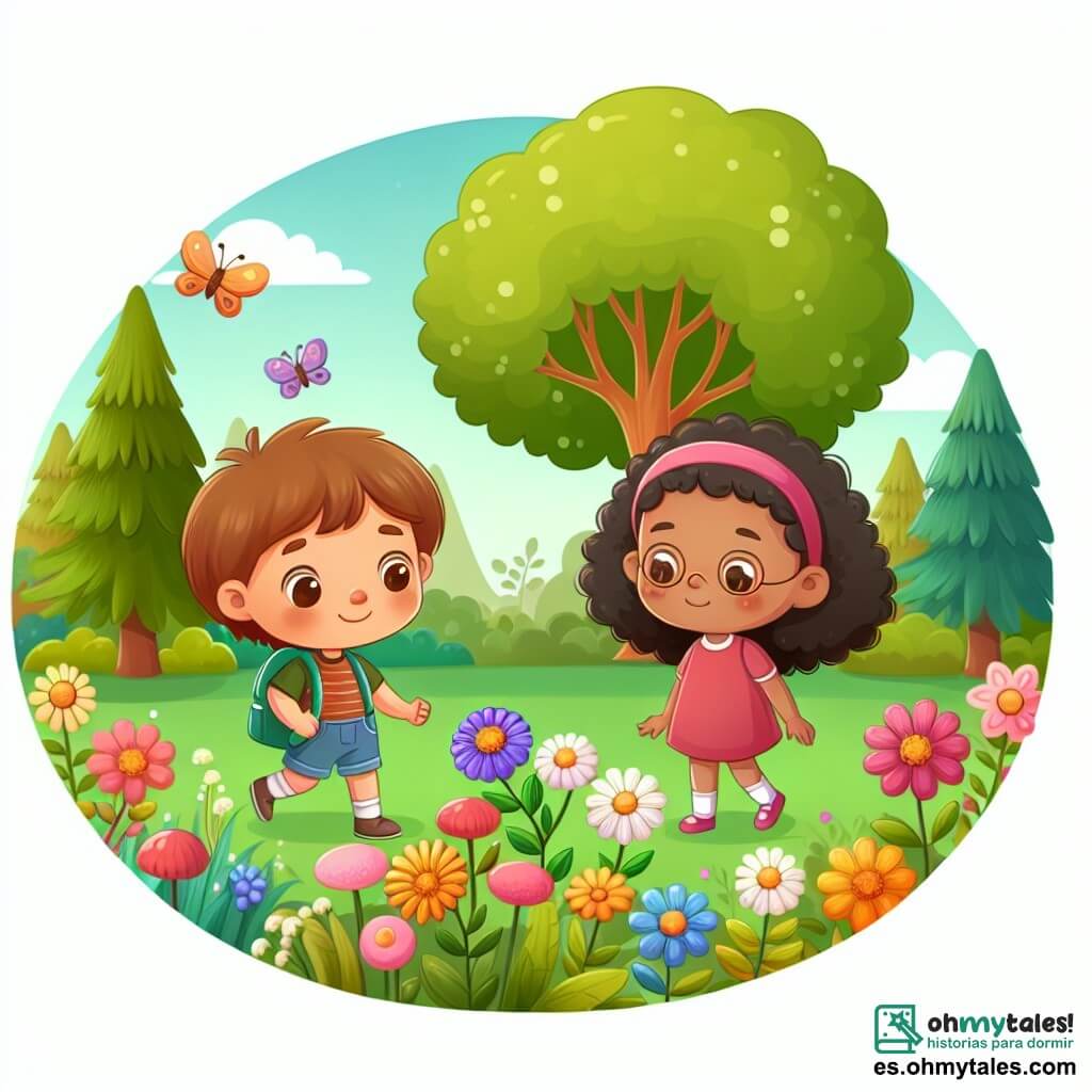 Une illustration destinée aux enfants représentant une petite fille curieuse découvrant la diversité, accompagnée de son amie timide aux cheveux rizados, dans un parc ensoleillé rempli de fleurs colorées et d'arbres majestueux.