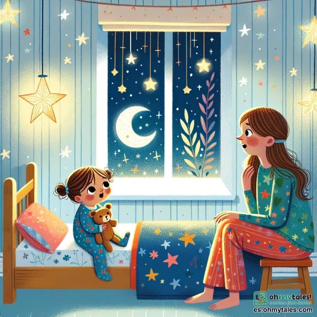 Ilustración que representa una habitación suave y cálida, con paredes pintadas de azul claro y estrellas doradas brillando en el techo. En el centro de la habitación, una pequeña cama de madera con sábanas coloridas. Una luz nocturna en forma de luna proyecta una luz suave y tranquilizadora. El personaje principal es una niña de 1 año, con grandes ojos curiosos y cabello rizado castaño. Está sentada en su cama, con las piernas cruzadas, abrazando un peluche en forma de oso. Su rostro expresa una ligera preocupación, pero también fascinación al mirar por la ventana. Junto a ella, una mujer de unos treinta años, con cabello largo y castaño, sonriente y reconfortante, se inclina hacia la niña. Lleva un pijama colorido y tiene una mano en el corazón, como para calmar los miedos de la niña. La situación principal muestra a la pequeña descubriendo la belleza de la noche, fascinada por las estrellas brillantes afuera, mientras su mamá le habla sobre los sonidos relajantes de la noche, como el canto de los grillos. Estrellas brillantes y un cielo nocturno estrellado son visibles a través de la ventana, añadiendo un toque mágico a la ilustración.