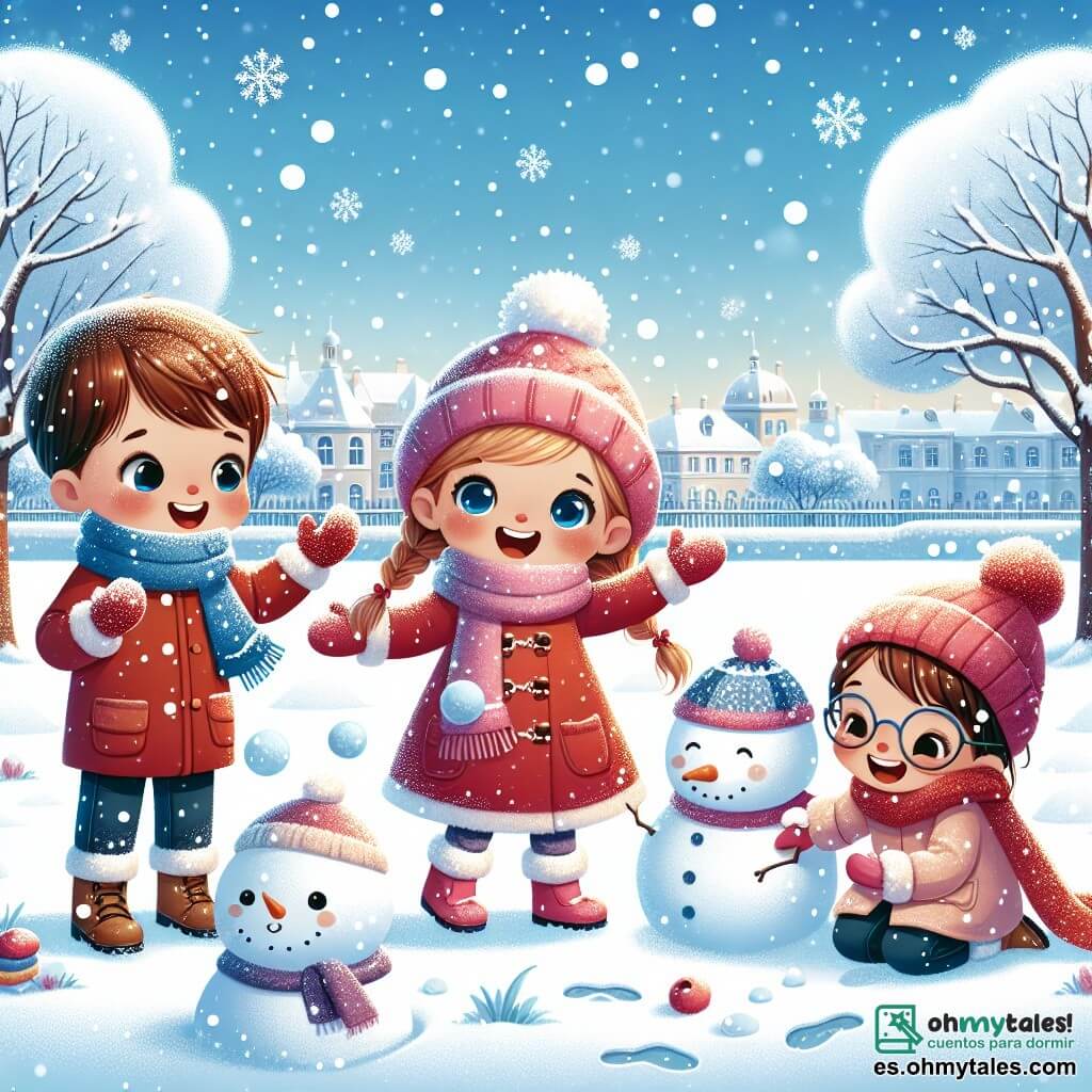 Ilustración que representa una escena invernal en un patio escolar cubierto de nieve brillante. Al fondo, árboles desnudos con ramas cargadas de nieve crean un ambiente mágico. Un niño de unos 7 años, con cabello castaño y ojos brillantes, lleva un abrigo rojo vivo y una bufanda azul. Sonríe alegremente mientras levanta los brazos para atrapar los copos de nieve que caen. A su lado, una niña de 6 años, con cabello rubio trenzado y mejillas sonrosadas, viste un abrigo rosa y un gorro con pompón. Ríe mientras lanza una bola de nieve a su amigo. Otro niño, de 7 años, con cabello castaño y gafas, está sentado en la nieve construyendo un muñeco de nieve con una zanahoria para la nariz y piedras para los ojos. La atmósfera es alegre y lúdica, con copos de nieve danzando en el aire y un cielo azul claro de fondo. Huellas en la nieve añaden un toque de vida a esta escena invernal.
