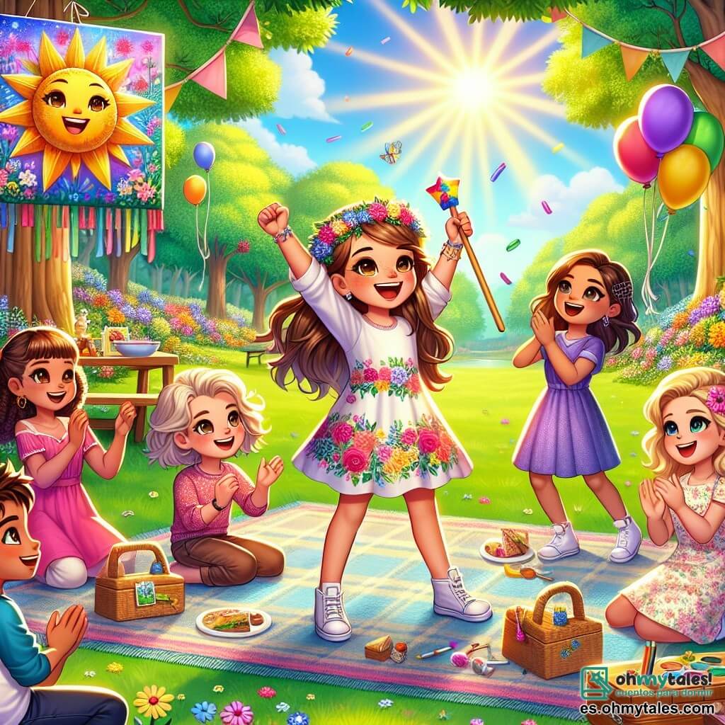 Ilustración que representa un parque soleado, lleno de flores coloridas y árboles majestuosos, donde un grupo de niños se reúne alrededor de una gran manta de picnic. En el centro, una niña de 10 años, con largos cabellos castaños y gafas, sonríe alegremente mientras muestra una pintura vibrante de un paisaje soleado. A su derecha, otra niña de 9 años, con trenzas rubias y un vestido de flores, baila con entusiasmo, levantando los brazos hacia el cielo. A la izquierda, una niña de 11 años, con cabello rizado y una diadema de flores, aplaude mientras mira a su amiga bailar. Finalmente, un niño de 10 años, con cabello corto y una gorra, sostiene una piñata en forma de estrella, listo para golpearla con un palo colorido. La atmósfera es alegre y llena de risas, ilustrando la confianza en sí mismo y la amistad, con globos flotando y niños jugando al fondo.