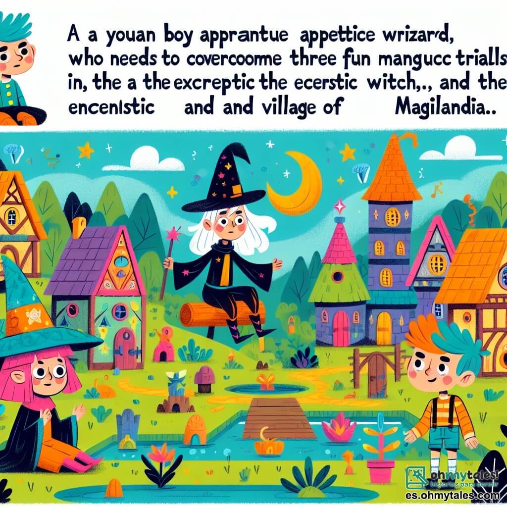 Une illustration destinée aux enfants représentant un jeune apprenti sorcier garçon, qui doit surmonter trois épreuves magiques amusantes avec l'excentrique sorcière Agapornis, dans le colorido et mágico pueblo de Magilandia.