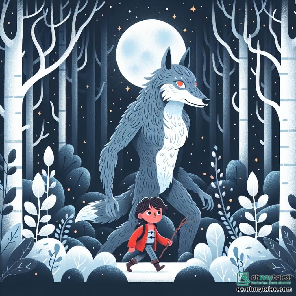 Une illustration destinée aux enfants représentant une créature mi-homme mi-loup, perdue dans un sombre royaume enchanté, accompagnée d'un courageux jeune explorateur, dans un vaste et mystérieux bois aux arbres argentés qui brillent sous la lueur de la lune.