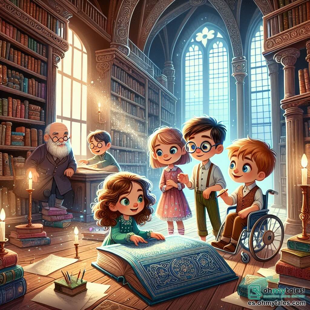 Ilustración que representa una escena en una biblioteca antigua y misteriosa, con grandes estanterías de madera llenas de libros de cubiertas coloridas y polvorientas. La luz suave filtra a través de grandes ventanas, creando una atmósfera cálida y acogedora. En el centro de la imagen, cuatro niños están juntos. Una niña de unos 10 años, con cabello rizado y un vestido colorido, mira con curiosidad un gran libro azul en el suelo. A su lado, un niño de 11 años, con gafas redondas y cabello castaño, toma notas con un lápiz, luciendo concentrado. Otro niño de 10 años, con una sonrisa brillante y ropa colorida, gesticula hablando con entusiasmo. Por último, un niño de 9 años, sentado en una silla de ruedas, observa atentamente la escena con ojos brillantes de emoción. La situación principal muestra a los niños descubriendo un libro misterioso, rodeados de un aura de magia y aventura. Destellos de luz emanan del libro, sugiriendo que oculta secretos fascinantes. Hojas de papel y lápices están esparcidos a su alrededor, testimoniando su investigación. La atmósfera está llena de energía y entusiasmo, ilustrando su espíritu de aventura y camaradería.