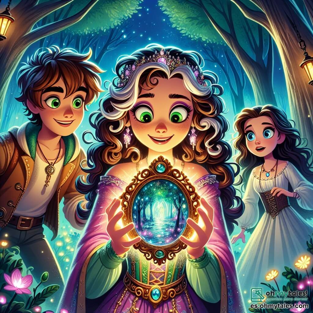 Une illustration sous forme de dessin destinée aux enfants représentant une scène magique dans la forêt enchantée de Luminaria, où une jeune sorcière aux cheveux bouclés et à la robe colorée, tenant un miroir ancien qui brille d'une lumière mystique, se tient au centre, entourée de deux amis : un garçon aux yeux verts et à la chevelure ébouriffée, souriant avec malice, et une fille aux cheveux longs et bruns, observant avec curiosité, alors qu'ils découvrent ensemble le secret du miroir qui révèle la vérité, avec des arbres majestueux et des fleurs lumineuses en arrière-plan, créant une atmosphère de mystère et d'aventure.